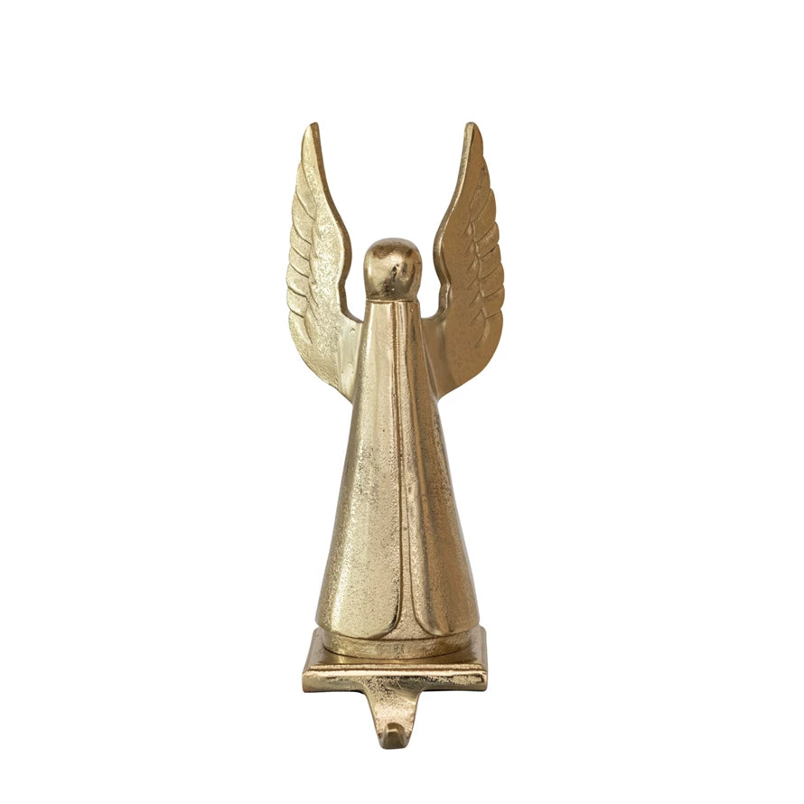 Gold Cast Aluminum Angel Stocking Holder - Elegant Christmas Fireplace Mantle Decor for Holiday Stocking Hangers - Perfect for Home, Office & Gift Giving