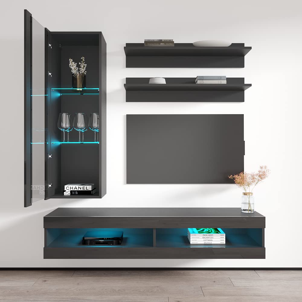 Modern Gray Wall-Mounted TV Stand with Storage Shelves & LED Lights - Floating Entertainment Center Console for Living Room & Bedroom - Perfect for Small Spaces & Home Theater Setups