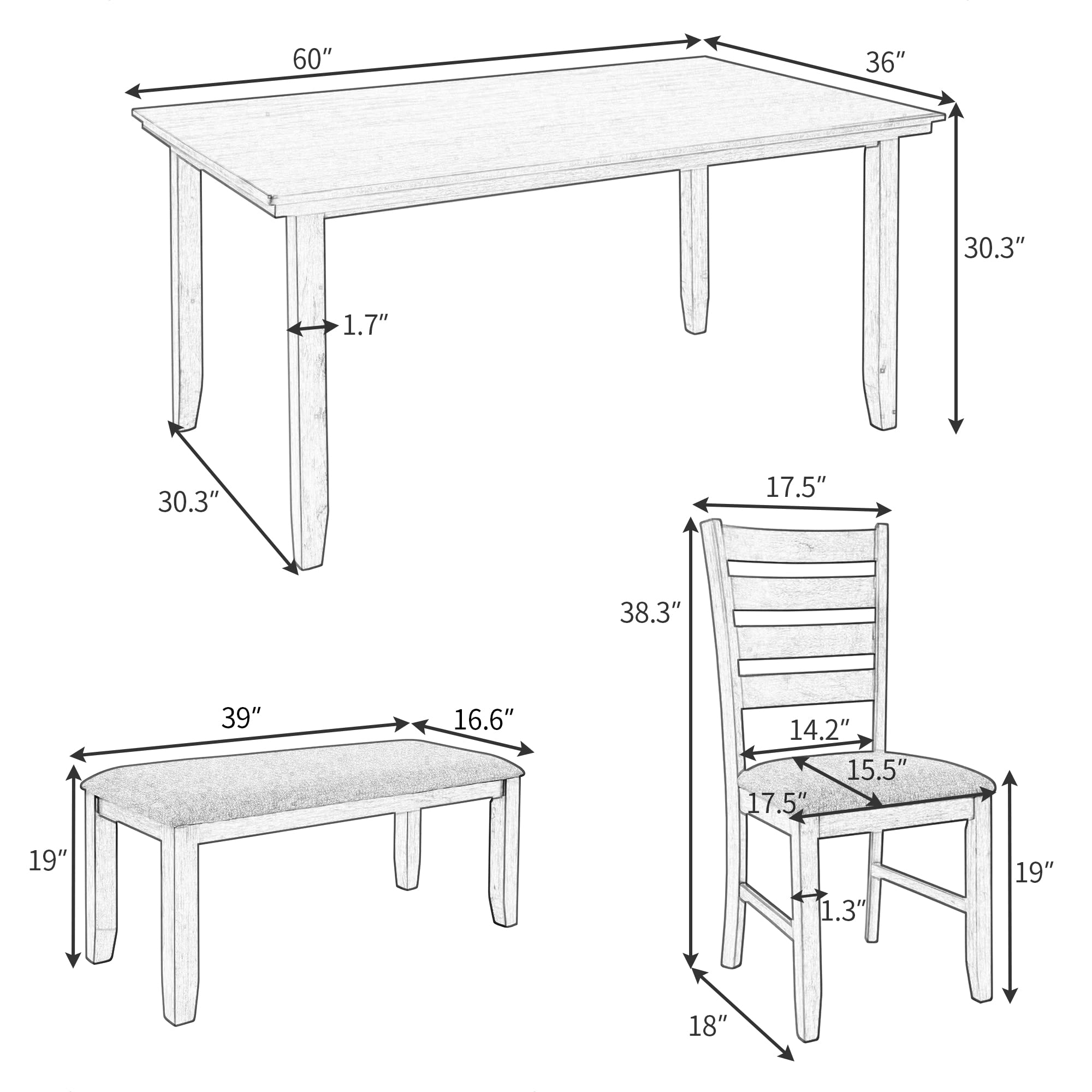 6-Piece Dining Table Set with 4 Chairs and Bench - Rectangular Rubber Wood Kitchen Table for Dining Room & Living Room - Perfect for Family Meals, Entertaining Guests, and Small Space Dining Areas