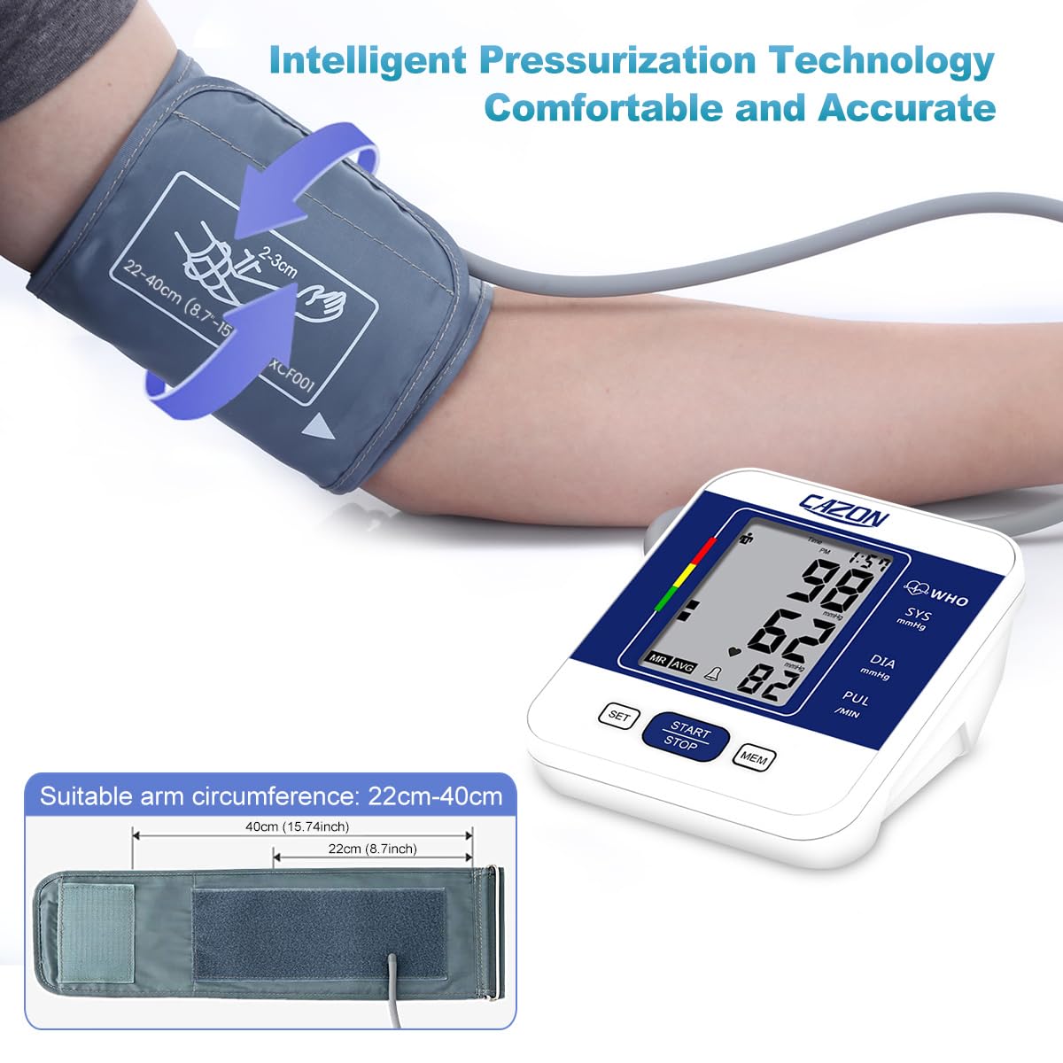 CAZON Large Cuff Blood Pressure Monitor for Home Use - Upper Arm BP Machine with 22-40cm Cuff, LCD Display & Heart Rate Tracking - Ideal for Hypertension Management & Health Monitoring (Blue)