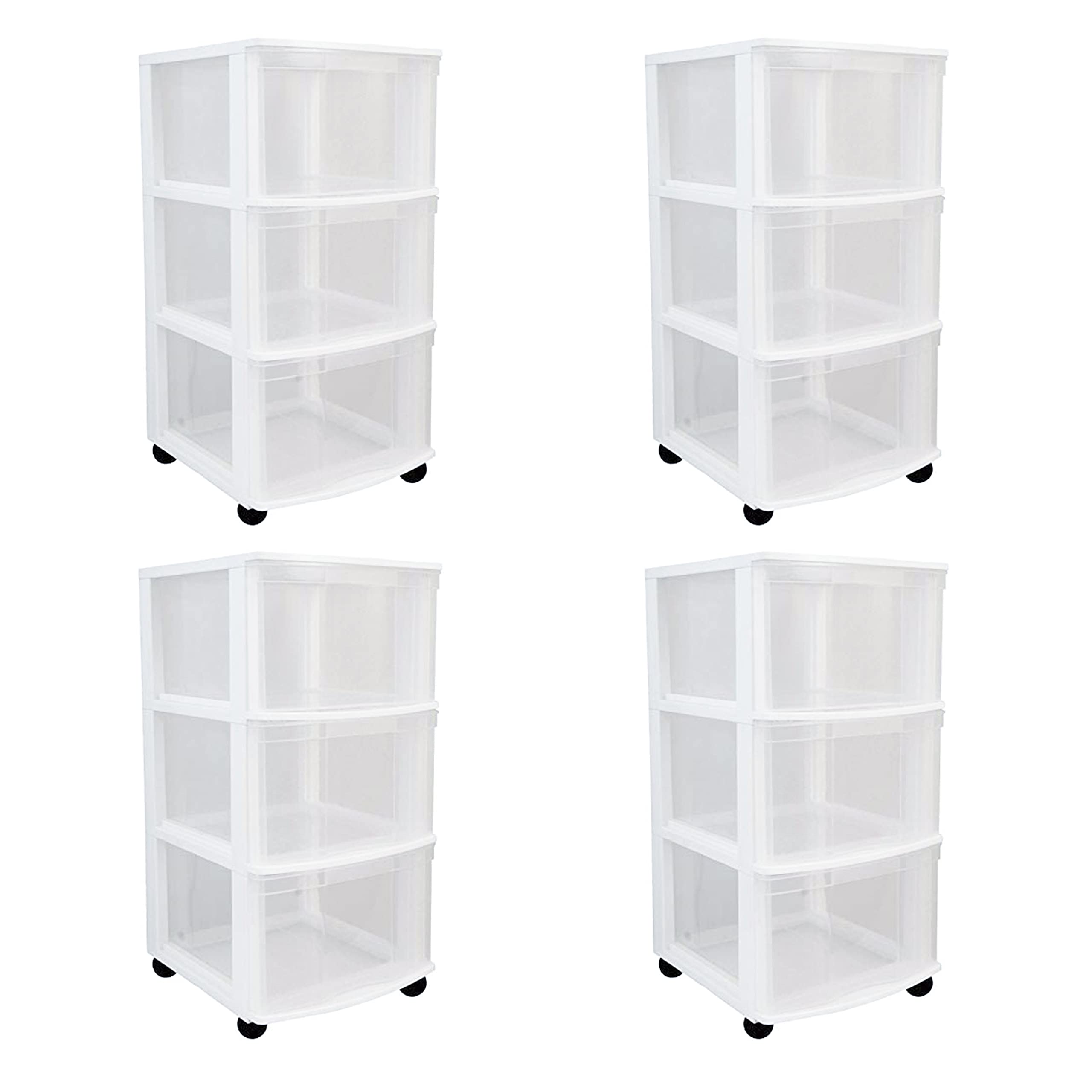 Gracious Living Classic 3-Drawer Plastic Storage Cart with Wheels - White Organizer Dresser for Bedroom, Bathroom & Office (4-Pack) | Space-Saving Mobile Storage Solution for Clothes, Toys & Home Essentials