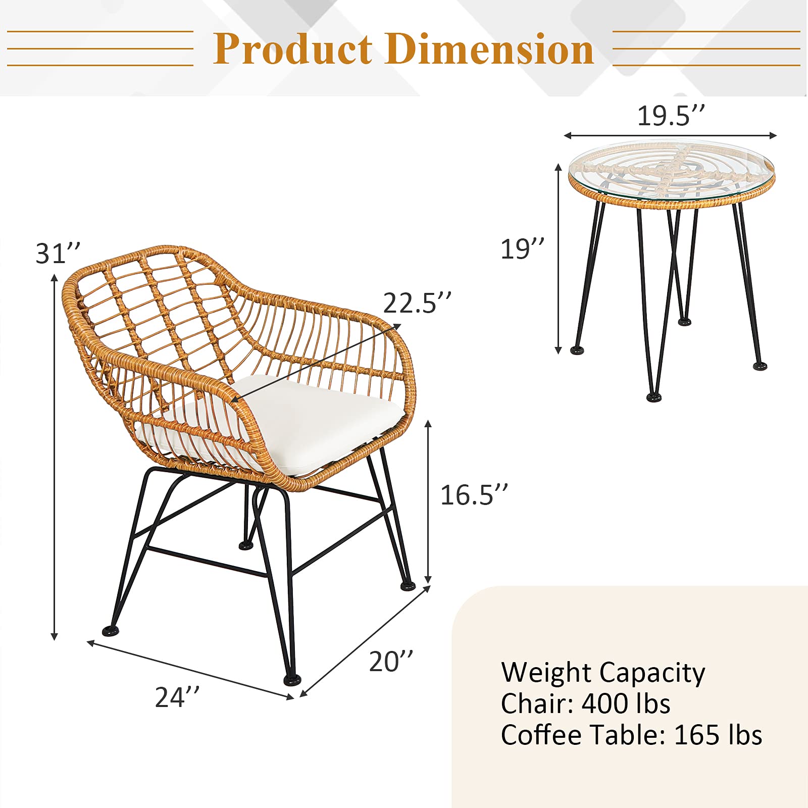 Tangkula 3-Piece Patio Bistro Set - Rattan Wicker Conversation Set with 2 Cushioned Armchairs & Round Glass Coffee Table - Indoor Outdoor Furniture for Balcony, Backyard, Garden, Poolside - Perfect for Relaxing, Entertaining, and Outdoor Dining
