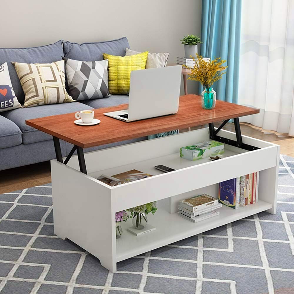 Modern Lift Top Coffee Table with Hidden Storage - White Wooden Living Room Furniture for Small Spaces | Convertible Desk & Organizer for Home Office, Dorm, Apartment