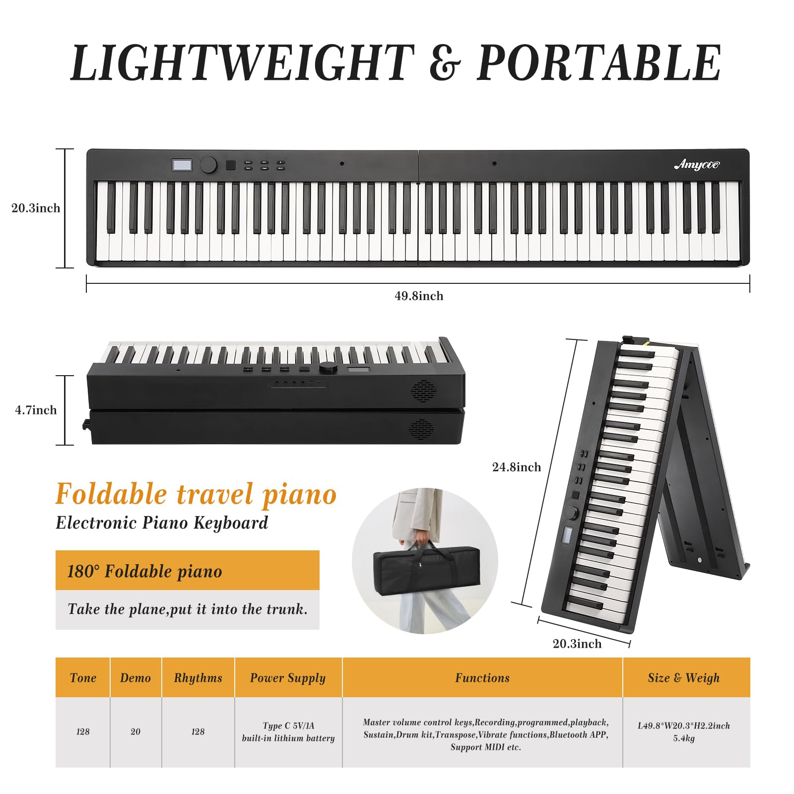 GAOMON 88-Key Folding Digital Piano Keyboard - Portable Full-Size Electric Piano with Sustain Pedal, Bluetooth, USB MIDI, Headphones & Carrying Bag - Perfect for Beginners, Kids & Adults - Ideal for Home Practice, Travel & Music Learning