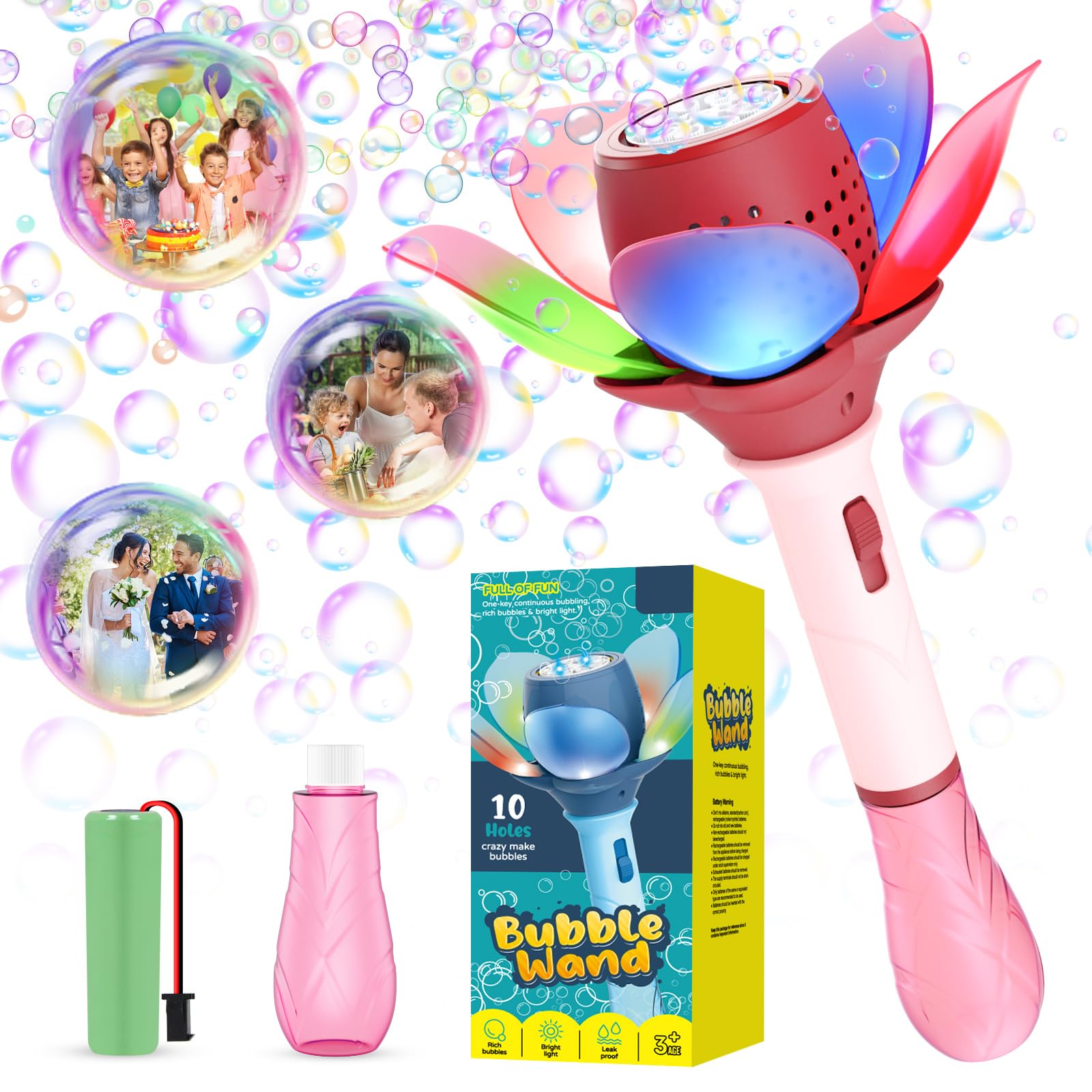 Electric Bubble Wand for Kids - Light Up Automatic Bubble Blower with LED Lights, 10,000+ Bubbles, 120ml Bubble Solution, Rechargeable Flower Bubble Maker Toy - Perfect for Outdoor Parties, Weddings, Birthday Celebrations & Backyard Fun