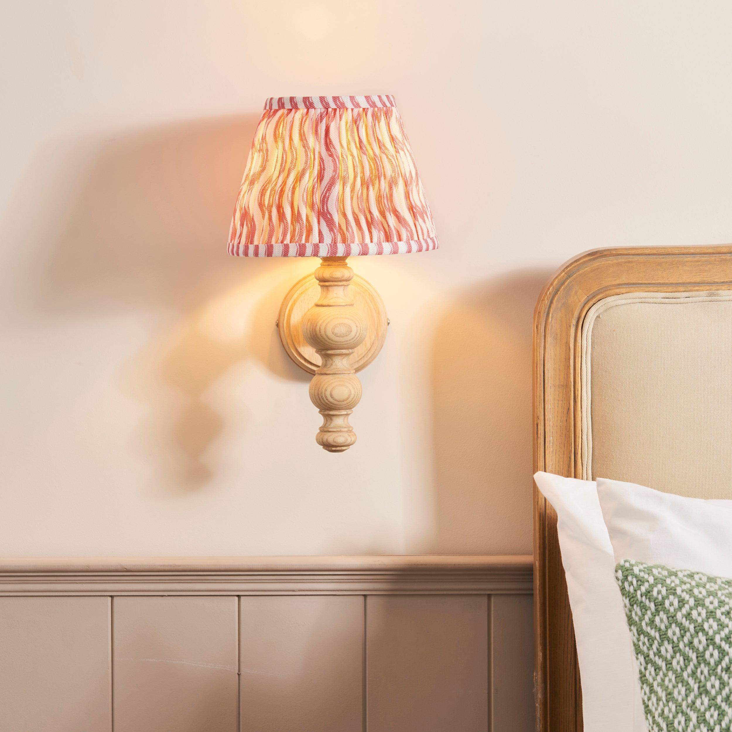 Bibury Wooden Wall Light with 20cm Coral Pink Ripple Shade - Perfect for Bedroom, Living Room, and Hallway Decor