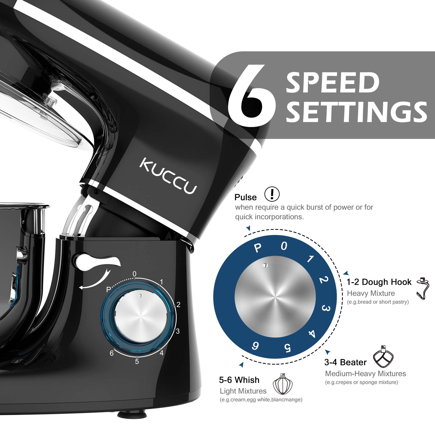 Professional 660W Stand Mixer - 6-Speed Tilt-Head Electric Kitchen Mixer with 6.5-QT Stainless Steel Bowl, Dough Hook, Whisk & Beater - Perfect for Baking Bread, Cakes, Cookies & More (Black)