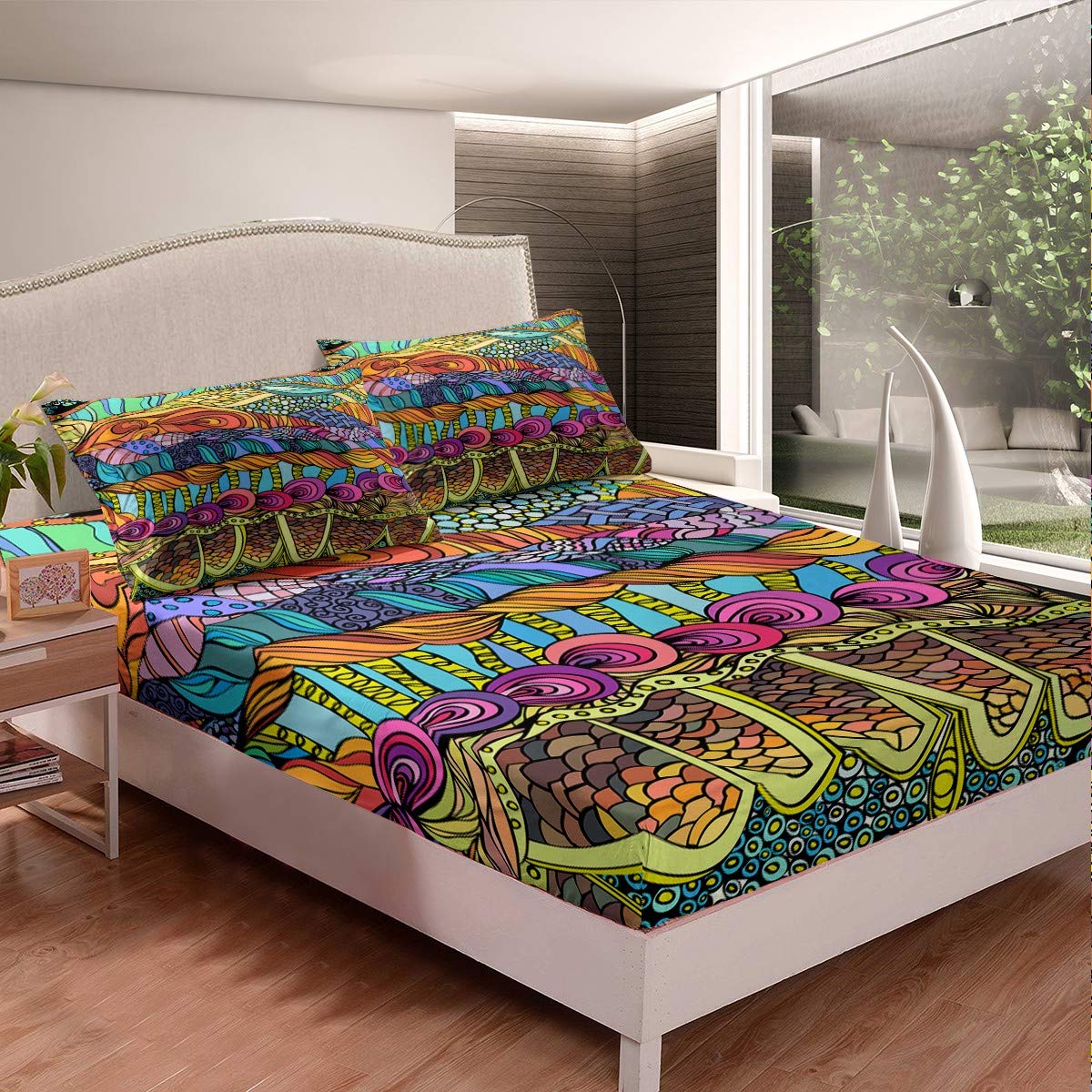 Bohemian Style Ethnic Geometric Print Bedding Set - 3 Piece Queen Size Bed Sheets with Fitted Sheet, Retro Boho Farmhouse Floral Design for Women's Bedroom Decor | Perfect for Guest Rooms, Vacation Homes & Boho Chic Bedroom Makeovers