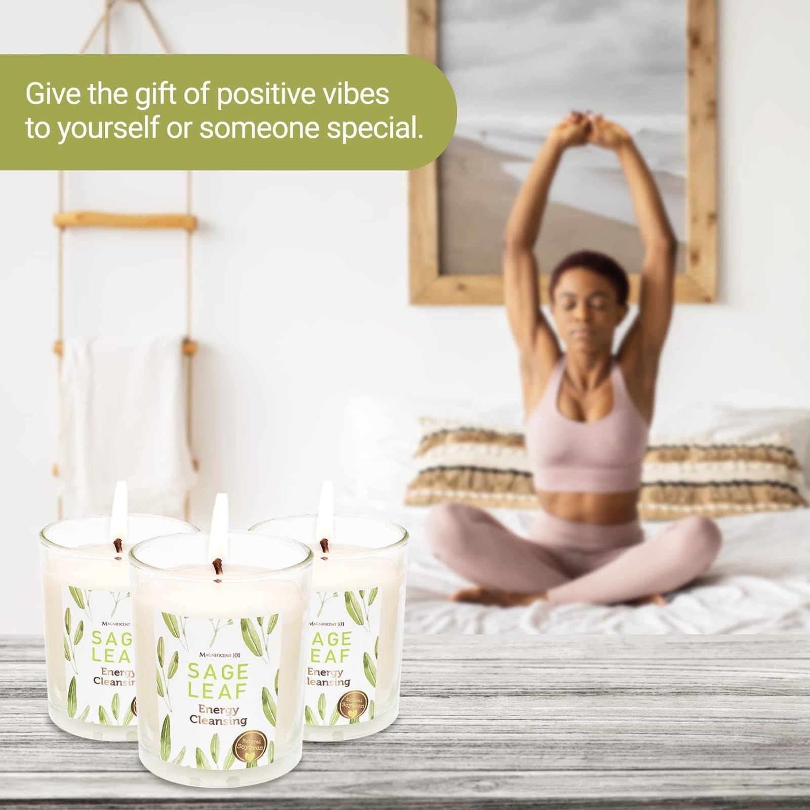 101 Long Lasting Set of 3 White Sage Leaf Scented Smudge Candles | 3.5 Oz Each | 42 Hour Burn Time | Natural Soy Wax for Energy Cleansing, Manifestation & Meditation | Perfect for Home, Yoga Studio & Spiritual Practices