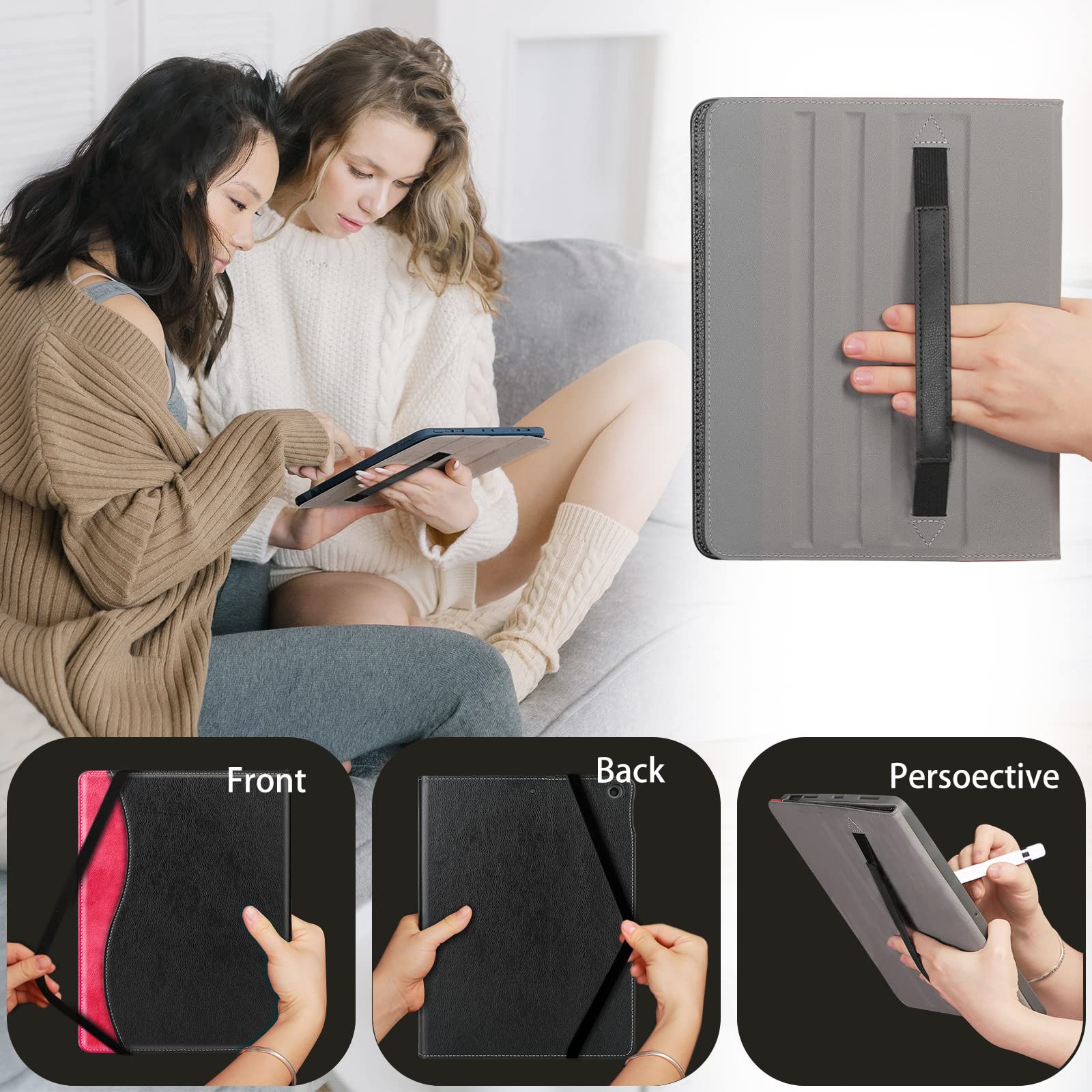 HFcoupe iPad 9th/8th/7th Generation Case (2021/2020/2019) - 10.2 Inch Full Body Protective Cover with Pencil Holder, Pocket & Auto Sleep/Wake | Multiple Viewing Angles | Black/Red | Perfect for Work, School & Travel