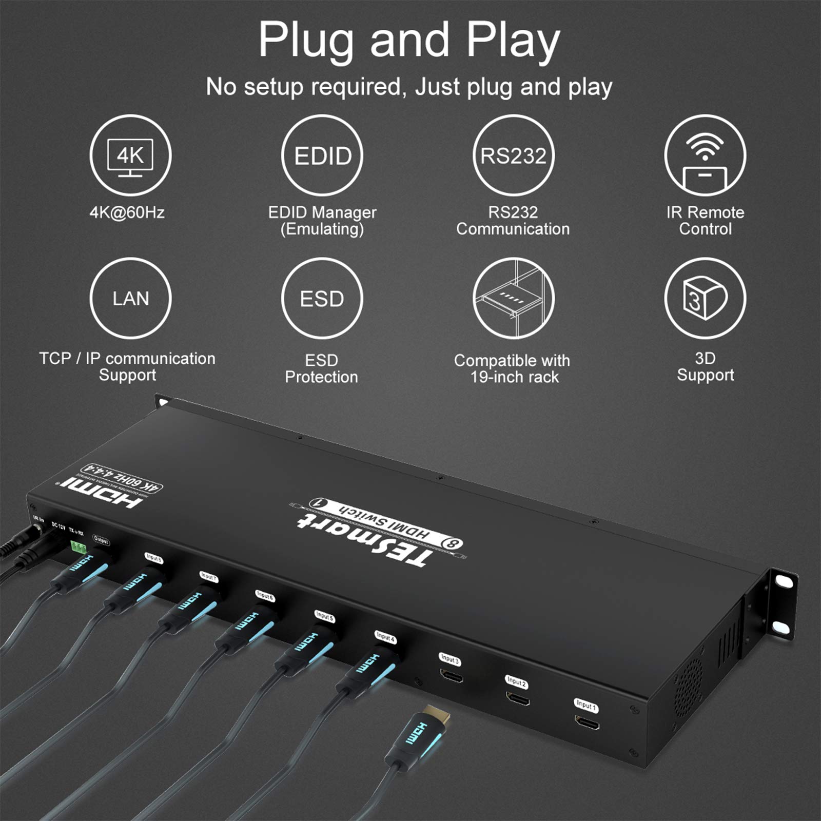 TESmart 8x1 HDMI Switcher - 4K 60Hz 8 Port HDMI Switch Box with RS232 & LAN Port, HDCP2.2 Support, UHD 8 in 1 Out HDMI Splitter for HDTV, DVD, Xbox, PS4, Apple TV, Roku - Perfect for Home Theater & Gaming Setup
