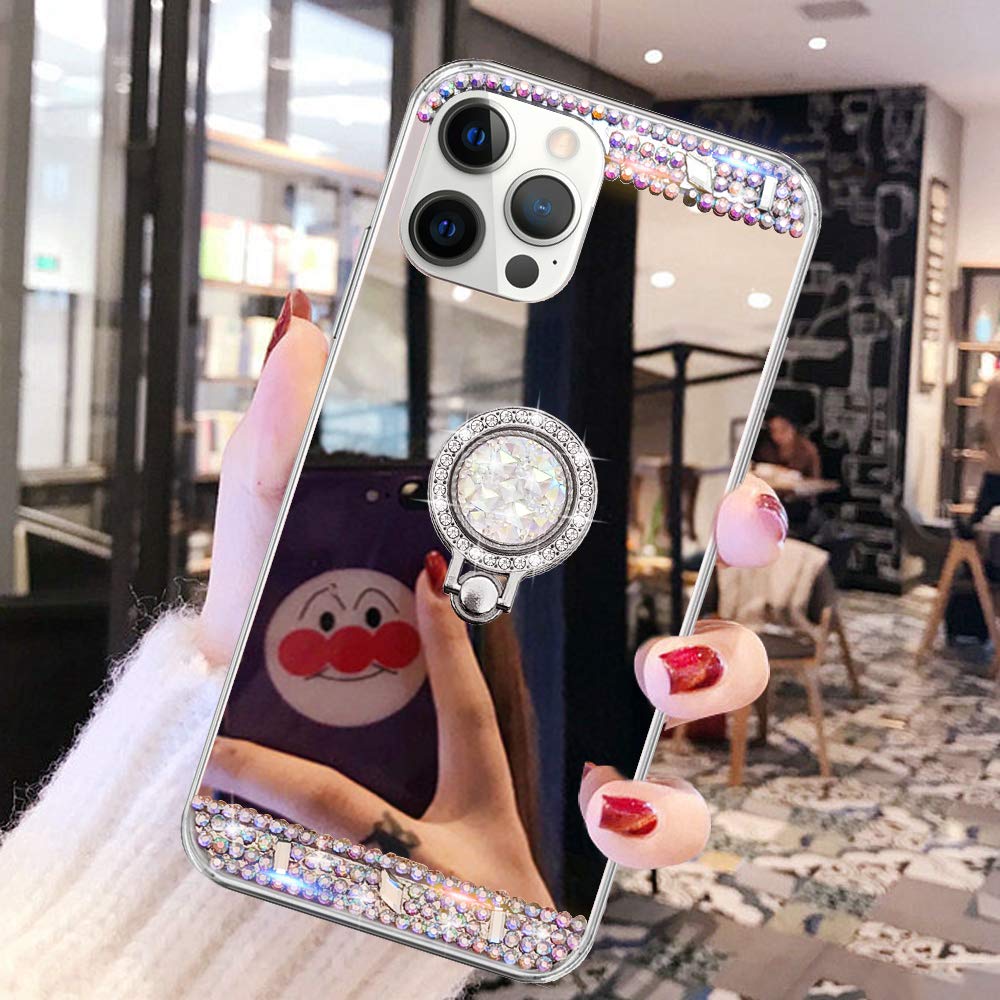 LUVI Bling Diamond Glitter Rhinestone iPhone 13 Pro Max Case with Ring Holder & Kickstand - Cute Mirror Phone Cover for Women & Girls (Silver) | Perfect for Makeup, Selfies & Hands-Free Viewing