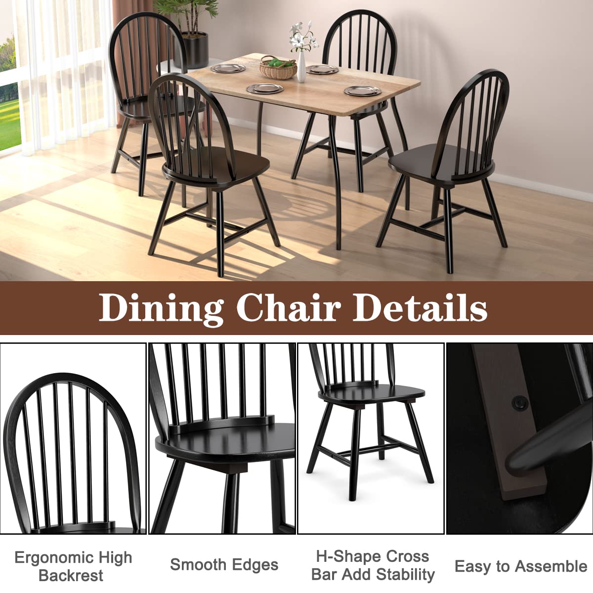KOTEK Set of 2 Windsor Dining Chairs - Solid Wood Spindle Back Chairs with Wide Seat, Farmhouse Style Armless Side Chairs for Kitchen, Dining Room & Living Room - Perfect for Family Gatherings & Home Decor (Black)