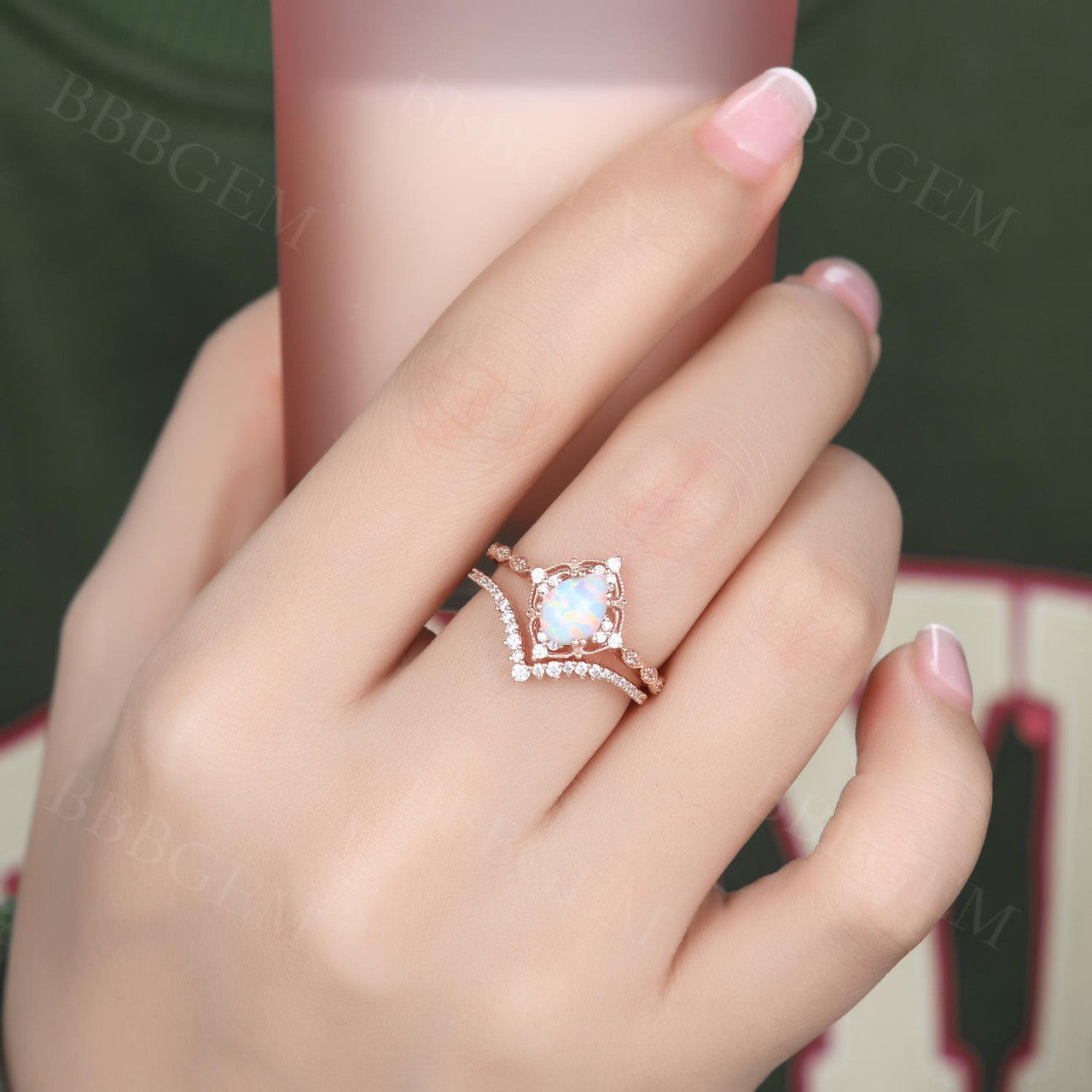 Vintage White Opal Engagement Ring Set - 14K Rose Gold Wedding Band for Women, Bridal Anniversary Jewelry Gift (Perfect for Proposals, Weddings & Romantic Occasions)
