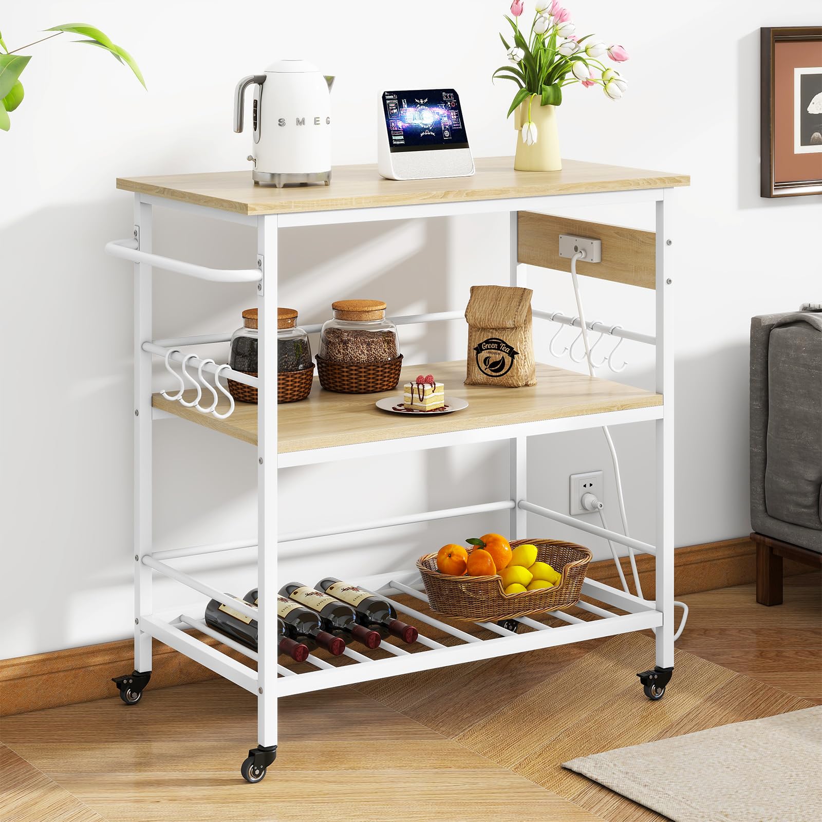 IBUYKE Kitchen Island with 3 Shelves & Power Outlet - Rolling Kitchen Cart with Large Worktop, Mobile Bar Table for Home, Outdoor & Commercial Use - Perfect for Food Prep, Entertaining & Small Space Storage