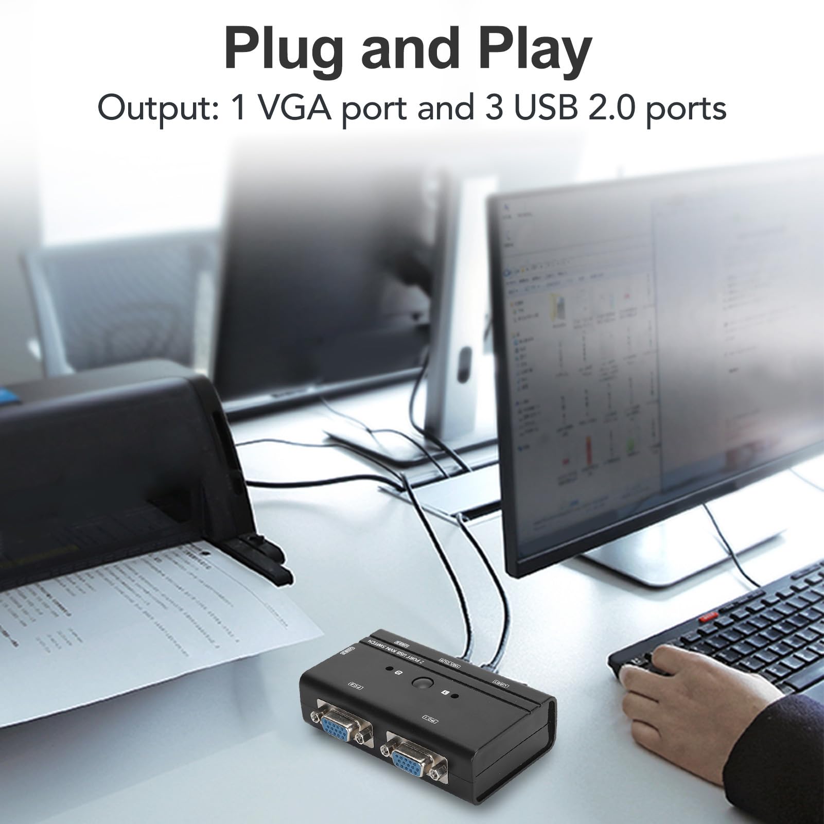 Annadue 2 Port VGA USB KVM Switch - Share 1 Monitor & 3 USB Devices (Keyboard, Mouse, Printer) Between 2 PCs | Windows Compatible | Ideal for Home Office & Multi-Computer Workstations