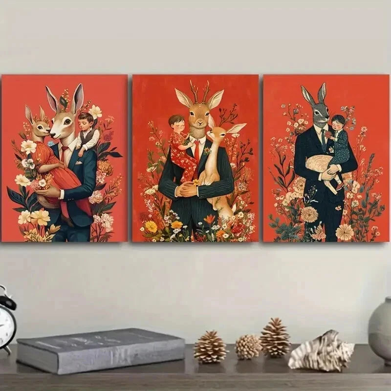 3-Piece Mr. Rabbit & Wife Floral Canvas Wall Art Set - 50x70cm Framed Prints | High Quality Australian Made | Perfect for Living Room, Bedroom & Nursery Decor