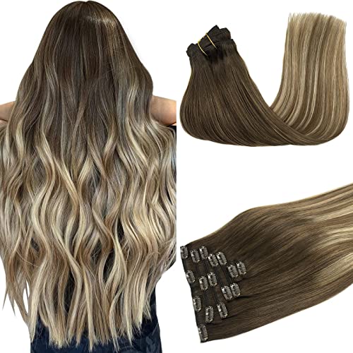 GOO GOO 120g Human Hair Extensions Clip-in - Walnut Brown to Ash Brown & Bleach Blonde - Remy Hair Extensions - Straight 7pcs 22 Inch - Perfect for Parties, Weddings & Daily Styling