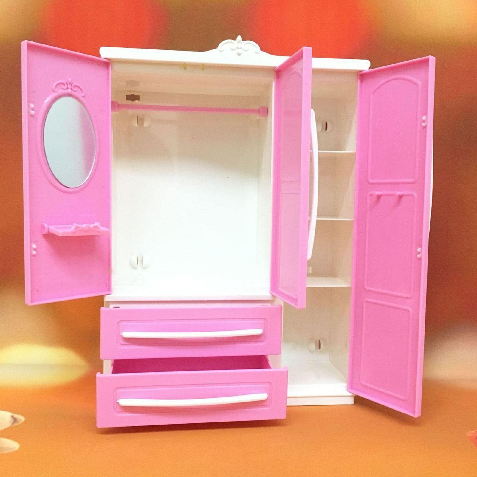 Imitation Doll Closet Wardrobe with Openable Drawer - Miniature Dollhouse Furniture for American Girl & Barbie Dolls - Perfect for Kids' Playroom, Bedroom Decor & Collectors Display
