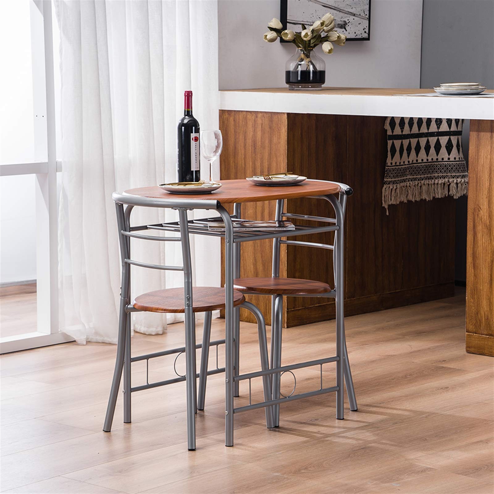 Modern 3-Piece Wood Dining Table Set with 2 Stools, Contemporary Brown Kitchen Breakfast Table for Home, Perfect for Small Spaces and Compact Living Rooms