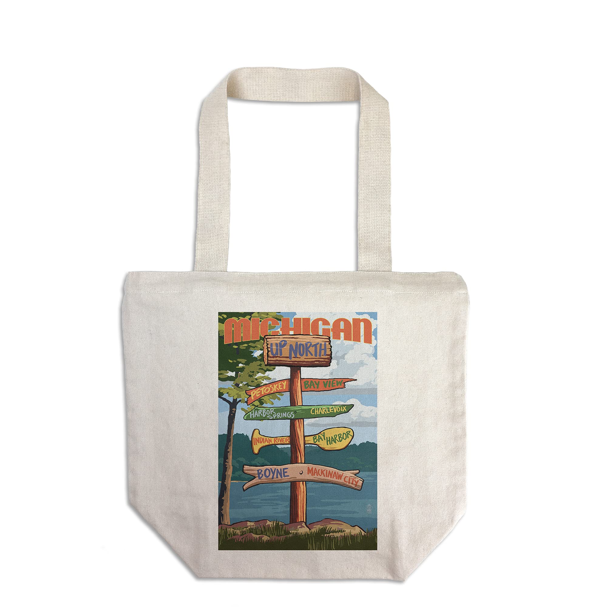 Lantern Press Up North Michigan Destinations Sign - 100% Cotton Canvas Reusable Tote Bag for Shopping, Beach & Groceries