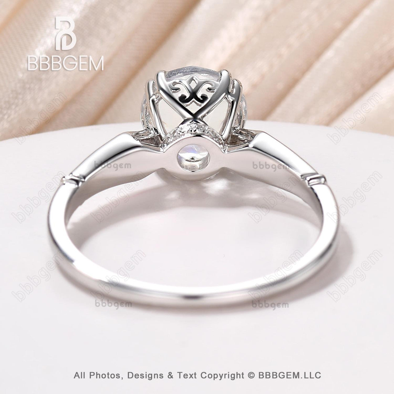 18K White Gold 7mm Round Moonstone Diamond Engagement Ring with Hidden Halo & Floral Cathedral Setting - Perfect for Proposals, Weddings, and Anniversary Gifts