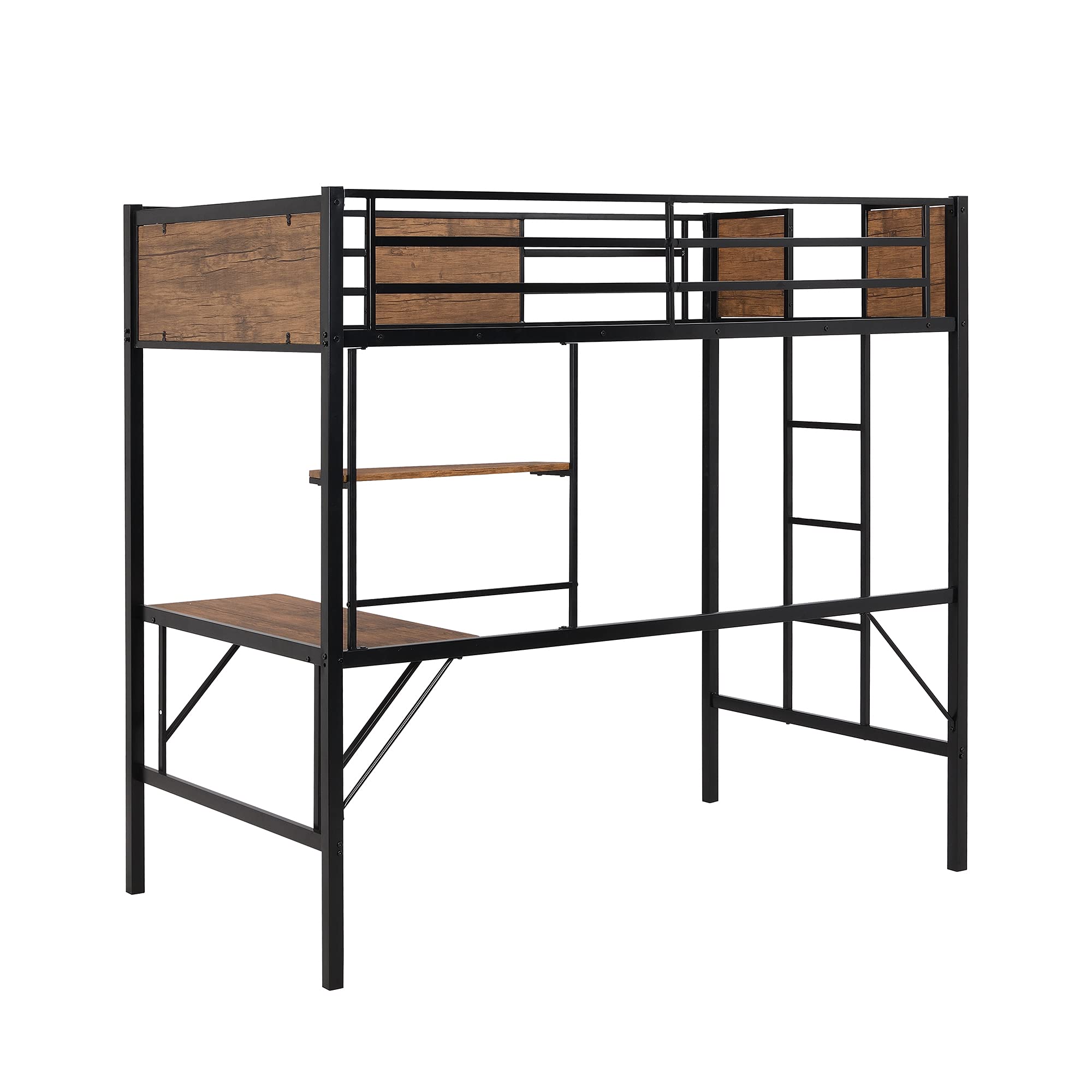 Metal Loft Bed with Desk & Storage Shelves - Twin Size Study Bed with Full-Length Guardrail & Built-in Ladder - No Box Spring Needed (Black Frame with Gray Boards) - Perfect for Small Bedrooms, Dorm Rooms & Home Office Spaces