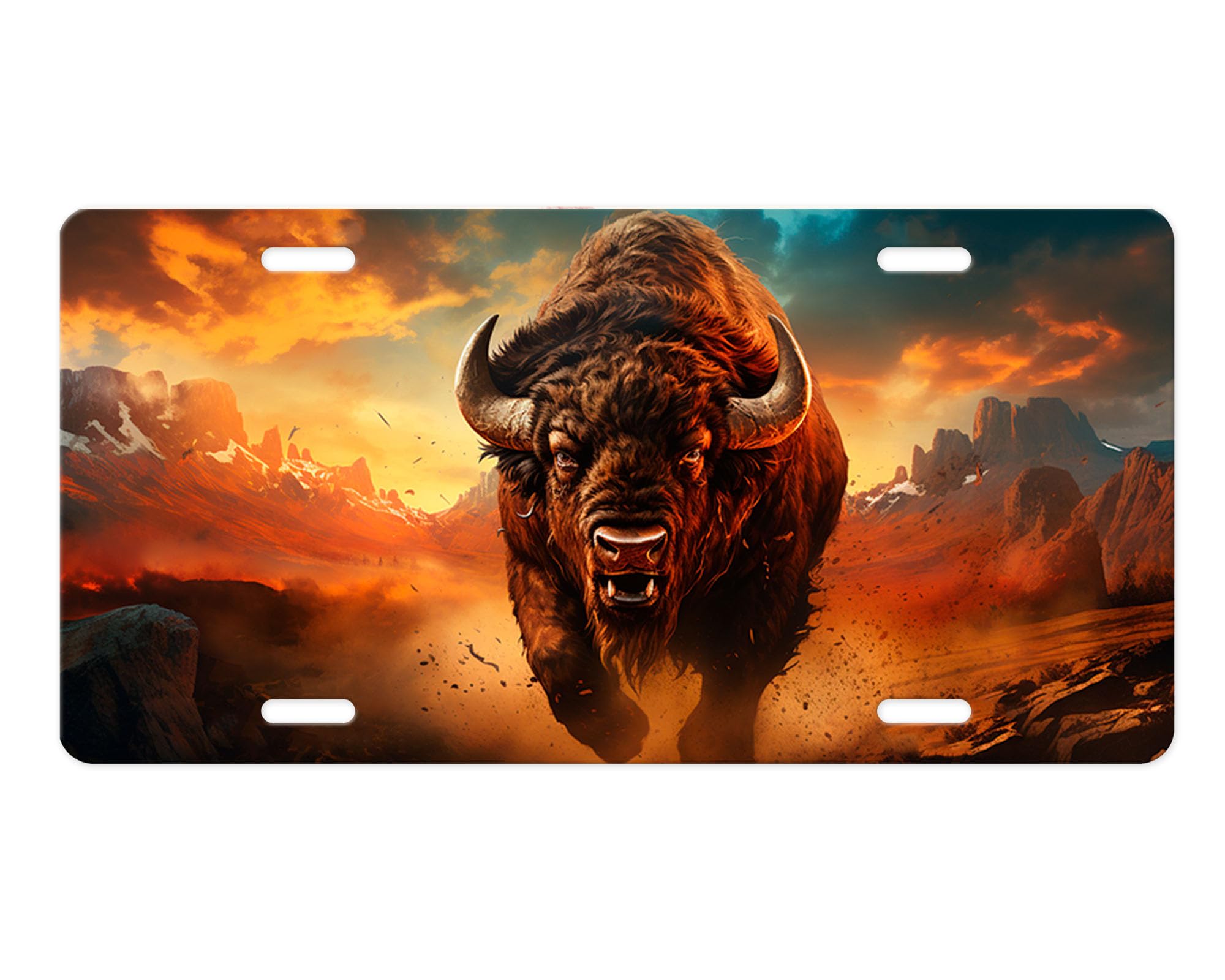 Vanity Decorative Front License Plate - Cute American-Made Aluminum Car Plate - Premium Quality Metal License Plate for Vehicles - Charging Buffalo Design - Perfect for Car Enthusiasts & Custom Vehicle Decor