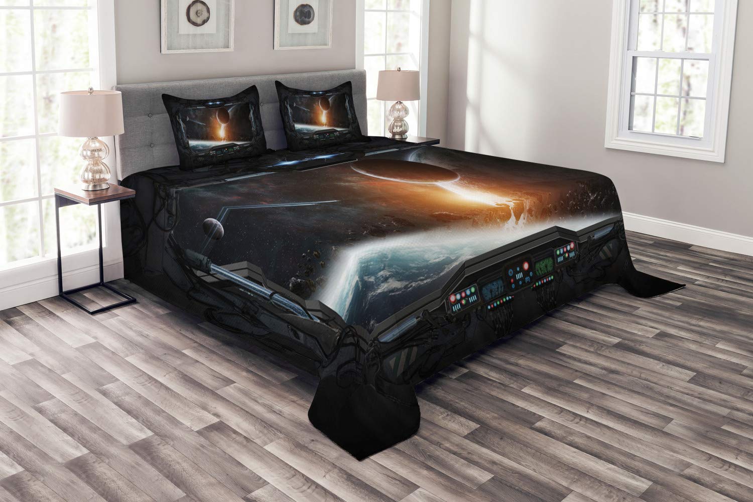 Ambesonne Outer Space Bedspread Set - Planets & Astronaut View from Shuttle Window, 3-Piece King Size Bedding with 2 Pillow Shams in Grey & Orange | Perfect for Space-Themed Bedrooms, Sci-Fi Decor, and Astronomy Enthusiasts