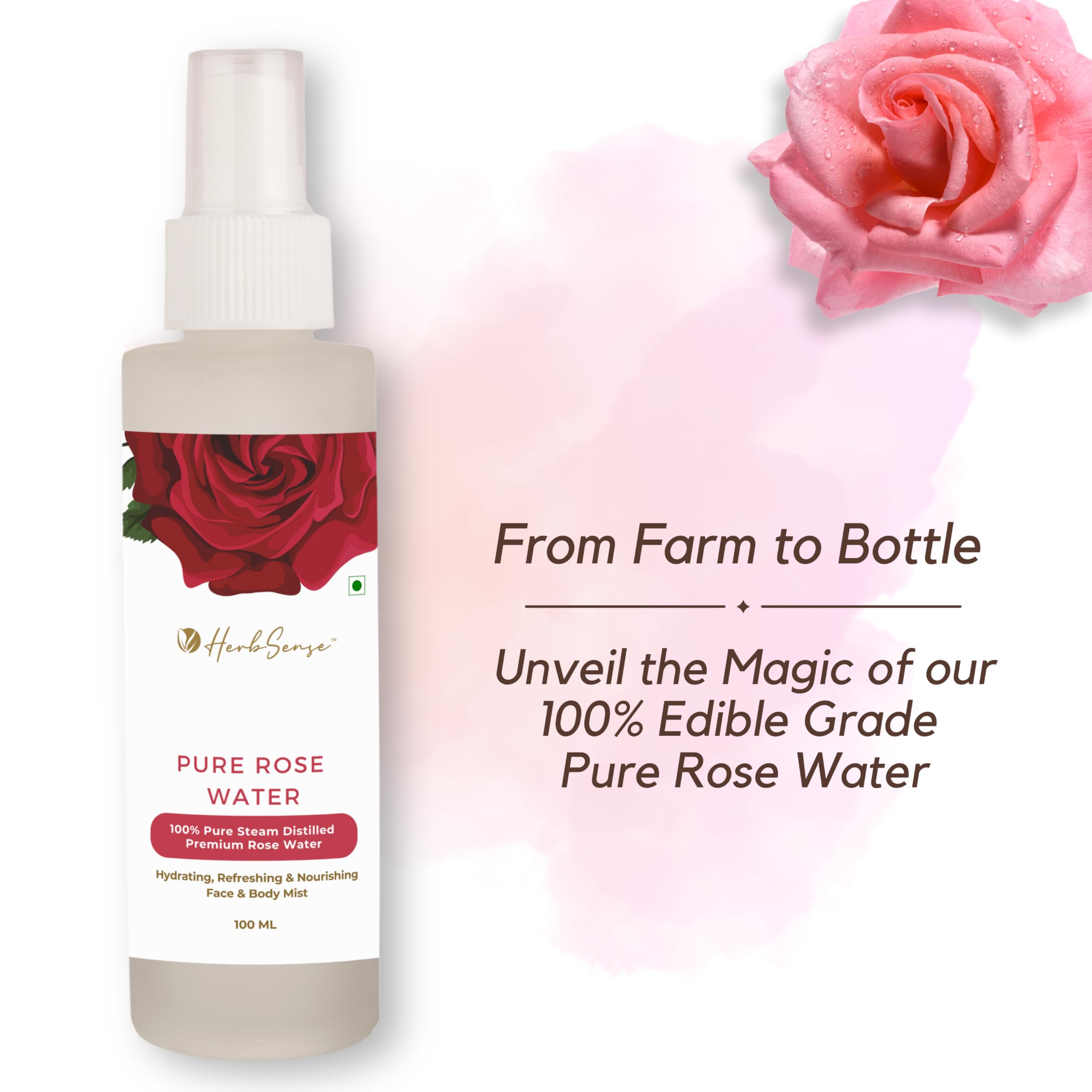 Herbsense Pure Rose Water (Gulab Jal) - 100% Natural Facial Toner for Glowing Skin | Alcohol-Free, Chemical-Free, Edible Grade | 100ml Glass Bottle | Perfect for Skincare Routine, Aromatherapy & Cooking