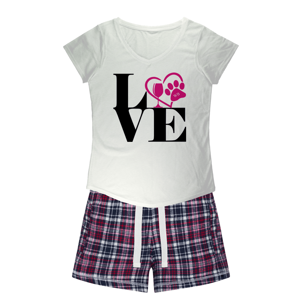 WineyBitches.Co Love Paw 2 Girls Sleepy Tee and Flannel Shorts - Cute Matching Pajama Set for Best Friends Sleepovers & Sister Bonding