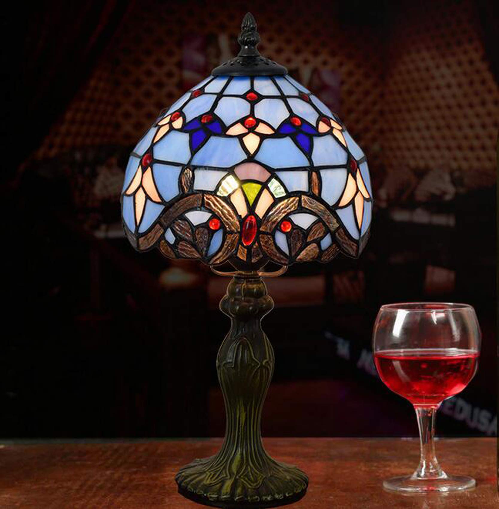 Blue Baroque Tiffany Style Table Lamp - 8 Inch Small Stained Glass Desk Lamp for Bedroom, Study & Office - Perfect for Reading, Decor & Ambient Lighting