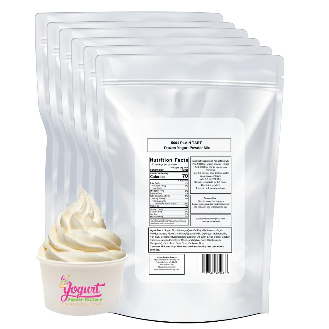 Non-GMO Low Fat Yogurt Powder for Soft Serve Machines – 6 Pack (4.4lb) Plain Tart Frozen Yogurt Mix – Perfect for Ice Cream, Smoothies & Desserts | Easy to Prepare, Gluten-Free | Great for Cafes, Restaurants & Home Use
