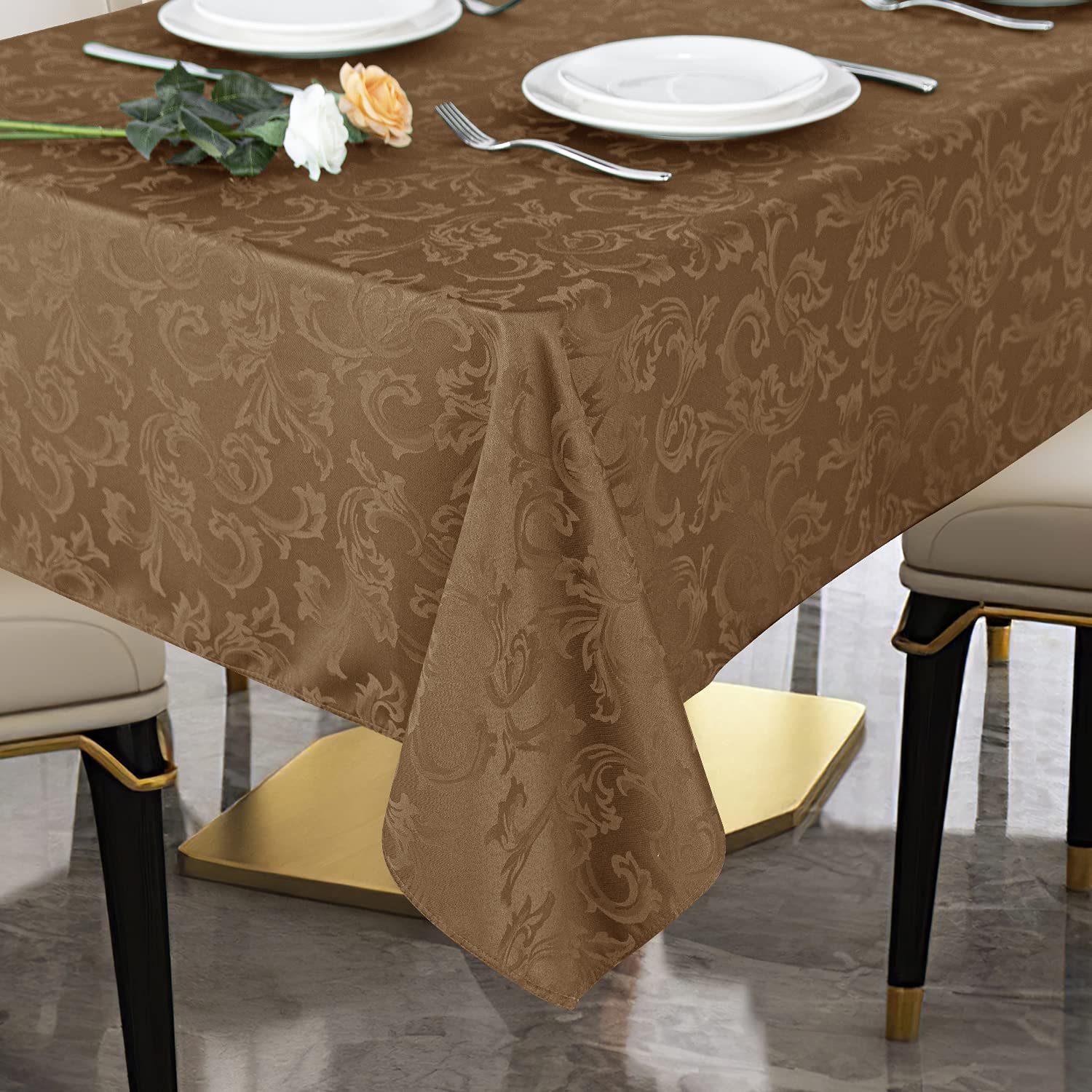 Premium Heavy Duty Waterproof Wrinkle-Free Microfiber Tablecloth - Solid Flower Jacquard Design for Indoor & Outdoor Use - Decorative Square Table Cover 60x60 Inches (Light Coffee) - Perfect for Dining Tables, Picnics, Parties and Home Decor