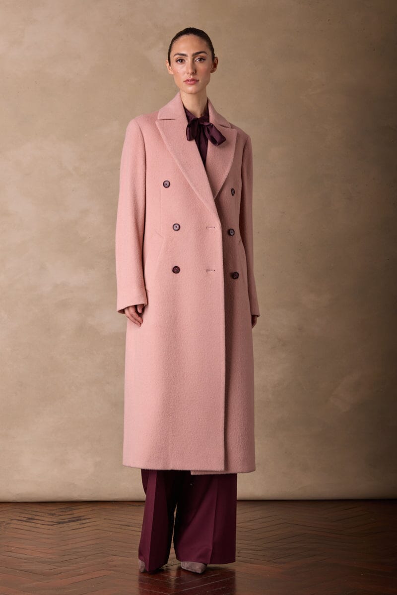 Long Double Breasted Pink Wool Angora Coat for Women | Winter Warm Elegant Trench Coat | Perfect for Office, Dating & Formal Occasions