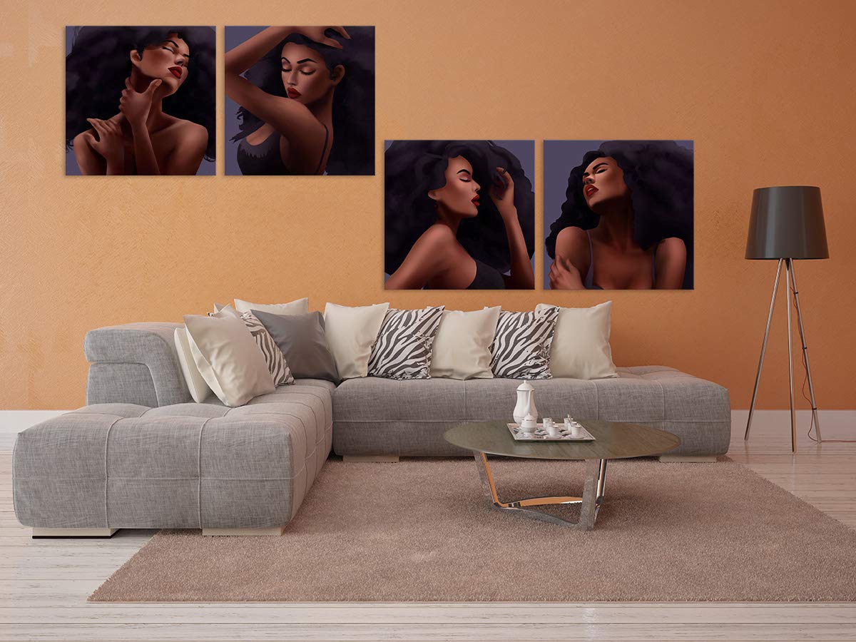 AMEMNY 4-Panel African American Women Abstract Wall Art - Canvas Graffiti Style Painting for Living Room, Bedroom & Bathroom - Stretched & Framed Ready to Hang - 25
