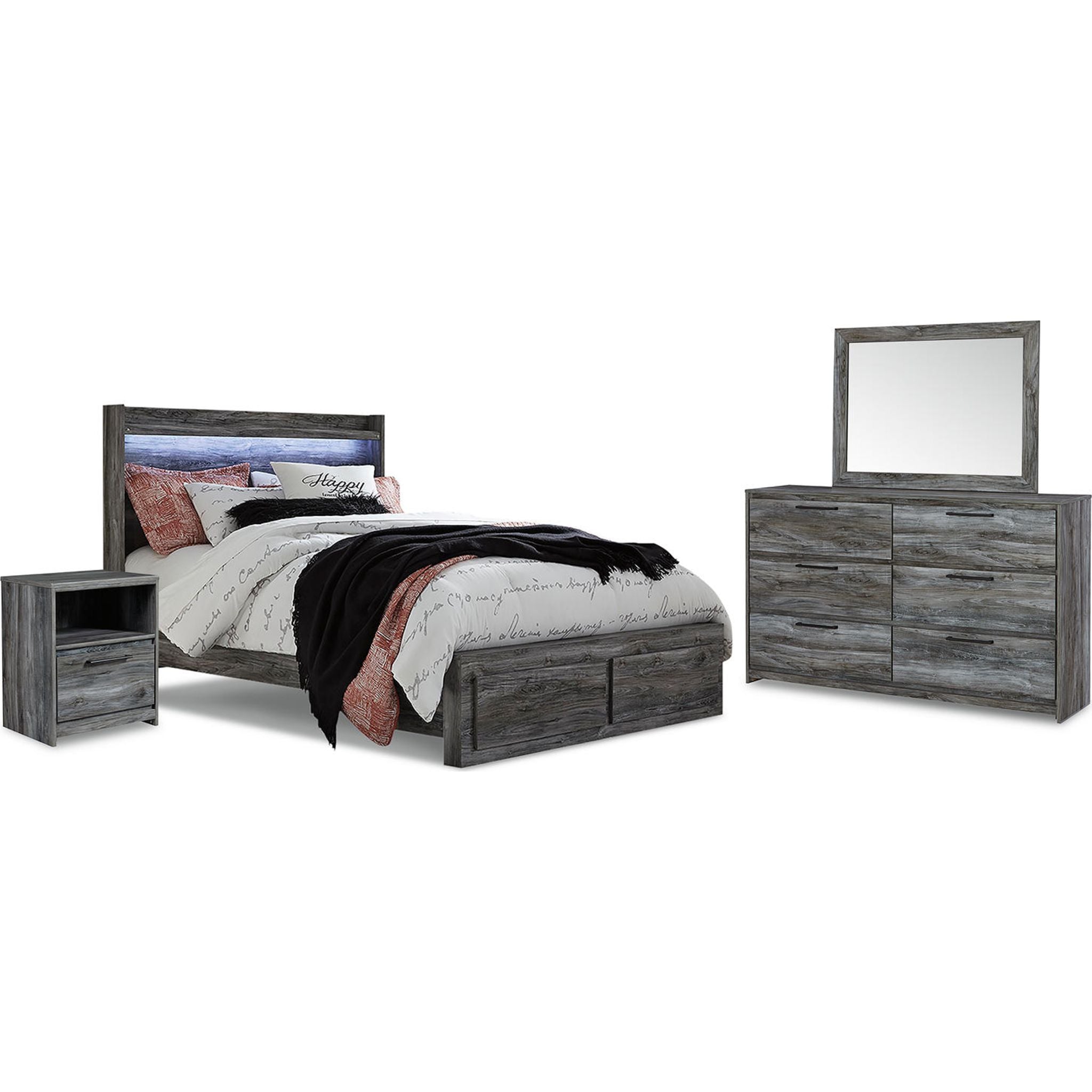 Baystorm 6-Piece Queen Size Bedroom Set in Gray - Modern Bed Frame, Nightstand & Dresser for Cozy Master Bedroom Decor