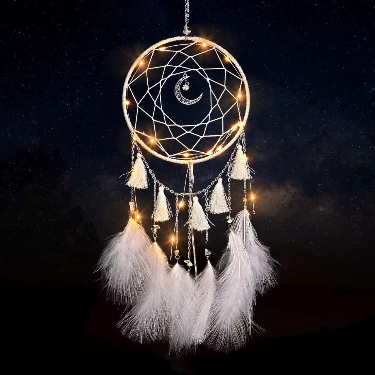 Handmade LED Dream Catcher with Feathers & Lights - Moon Wall Hanging Decor for Bedroom, Nursery, Kids Room - White Creative Night Light for Adults, Girls & Boys - Perfect for Meditation Spaces, Dorm Rooms & Gift Giving