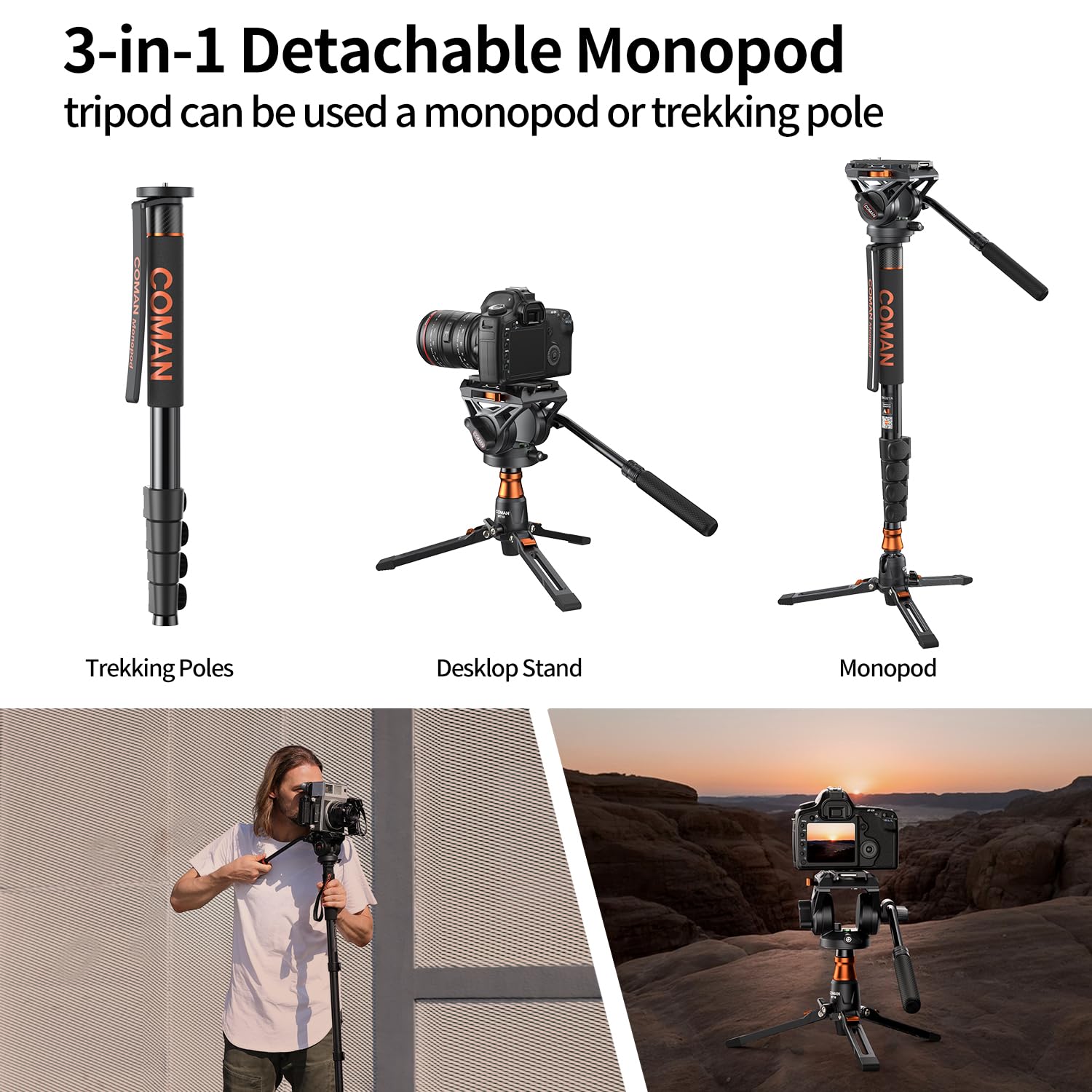 Coman Professional Q6 Video Camera Monopod with Tripod Stand - 70.6 Inch Heavy Duty Aluminum Monopod with Feet, Supports 22 lbs for DSLR Cameras (Canon, Nikon, Sony) - Perfect for Travel Vlogging, Wedding Photography & Outdoor Shooting