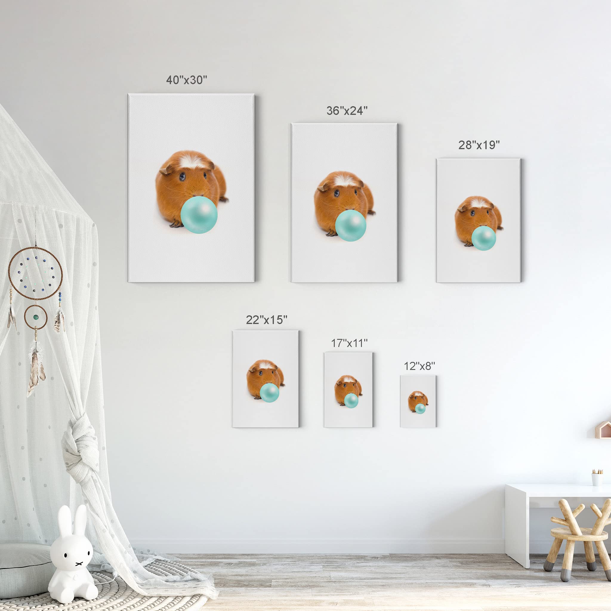 Fluffy Guinea Pig Chewing Bubble Gum Canvas Wall Art Print - 36x24 | Pet Lover Gift, Rodent Portrait, Animal Decor for Living Room, Bedroom & Nursery | Perfect for Guinea Pig Enthusiasts & Kids' Rooms