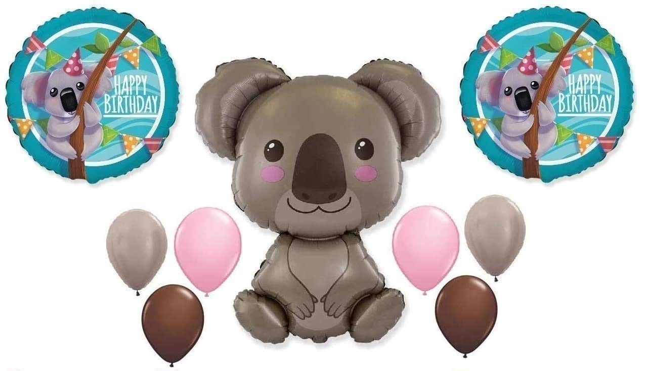 9-Piece Koala Happy Birthday Party Decor Set - Cute Australia & New Zealand Travel Theme with Outback Jungle Animal Safari Favors & Balloons - Perfect for Kids Birthday Parties, Baby Showers & Themed Events