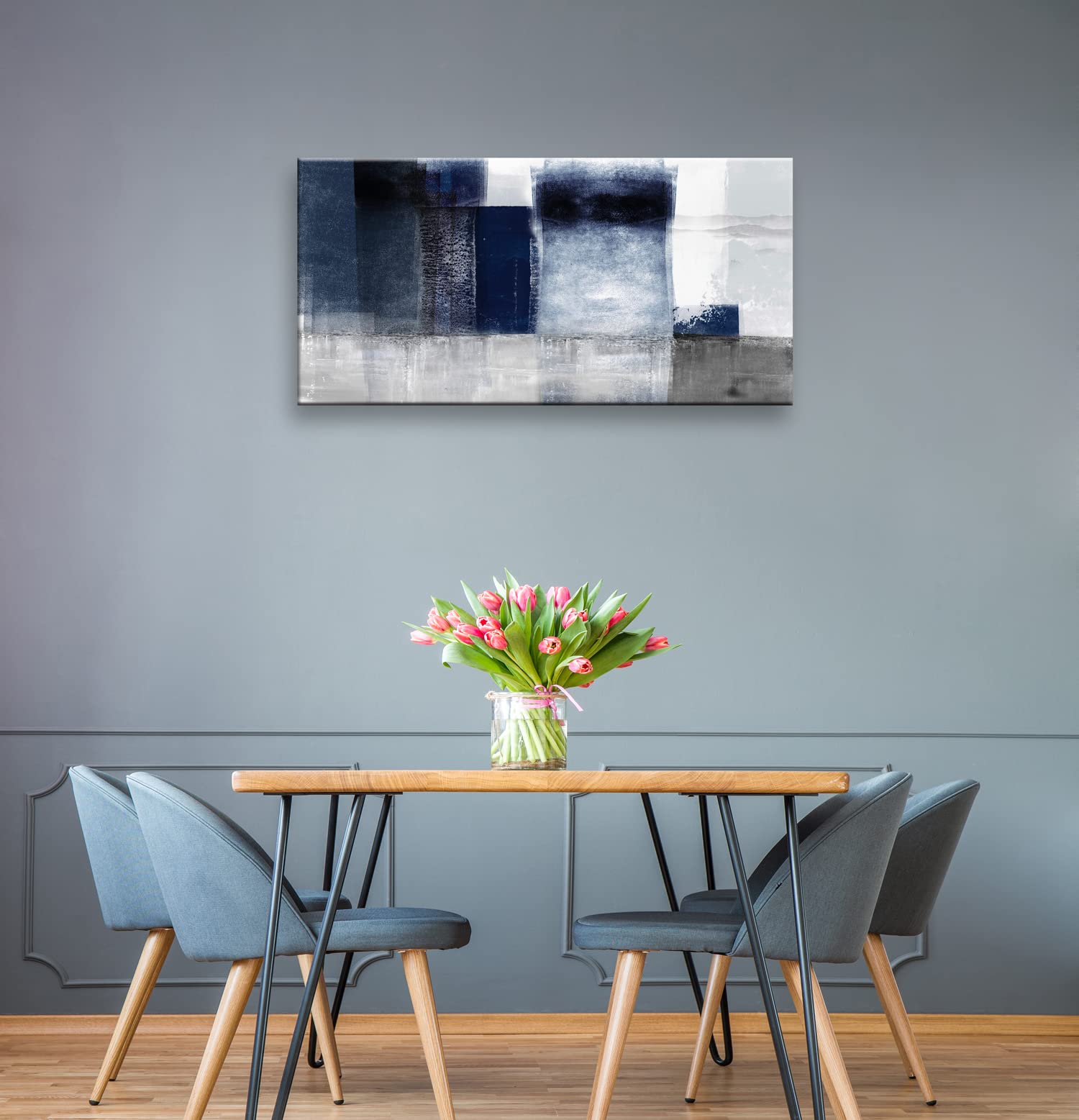 Blue and Gray Abstract Canvas Wall Art - 24x48 Inch Modern Artwork for Living Room, Bedroom, Office & Bathroom Decor | Handmade Canvas Prints for Home & Interior Design