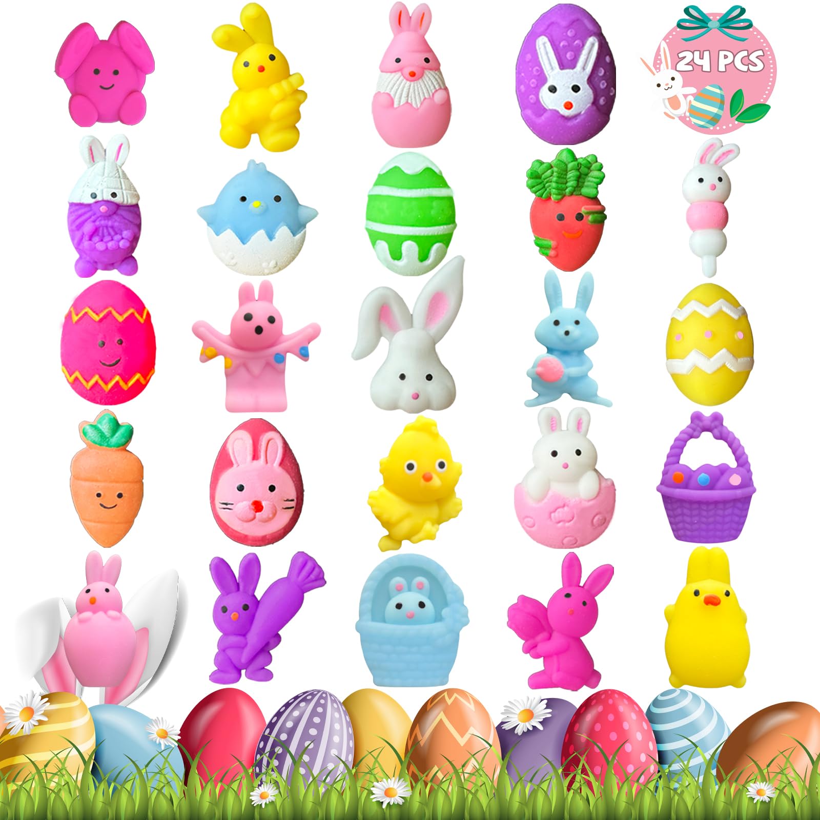 24PCS Easter Mochi Squishy Toys - Cute Animal Stress Relief Fidget Toys for Kids, Toddlers & Teens - Perfect for Easter Basket Stuffers, Egg Fillers, Goodie Bags, Classroom Prizes & Party Favors - Great Sensory Toys for Stress Relief, Anxiety & Focus (Easter Gifts & Party Supplies)