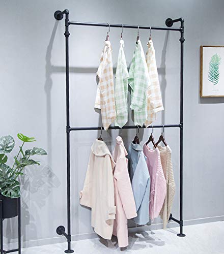 MEIQI Heavy Duty Industrial Pipe Clothes Rack - Wall Mounted Iron Garment Hanging Rod for Closet, Laundry Room & Garage Storage - Multi-Purpose Durable Clothing Rack (Black) - Perfect for Home Organization, Commercial Use & Space Saving Solutions