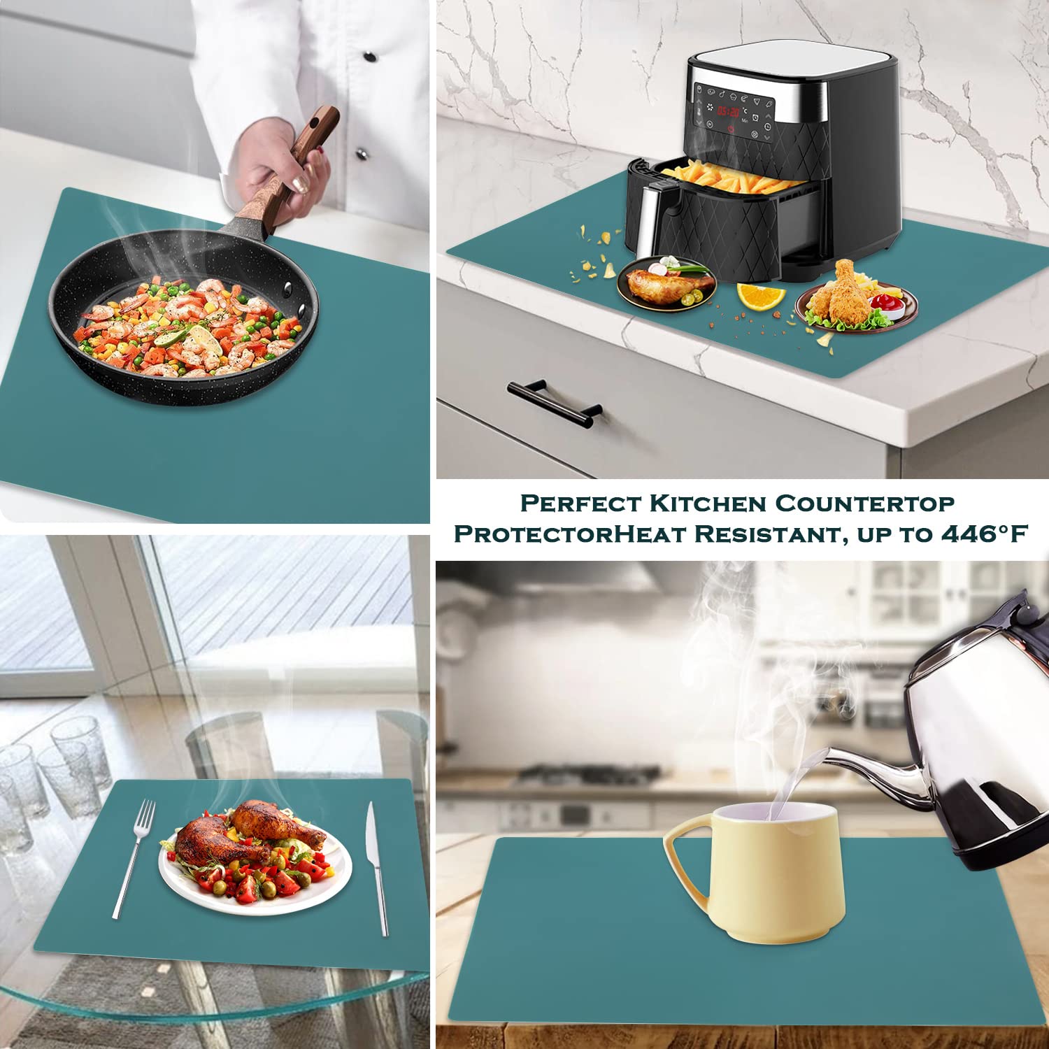 Extra Large Silicone Countertop Mat - Non-Slip Heat Resistant Kitchen Table Protector for Crafts, Baking & Dining | Perfect for Kids Placemats, Pastry Dough Rolling & Home Cooking | Dark Green
