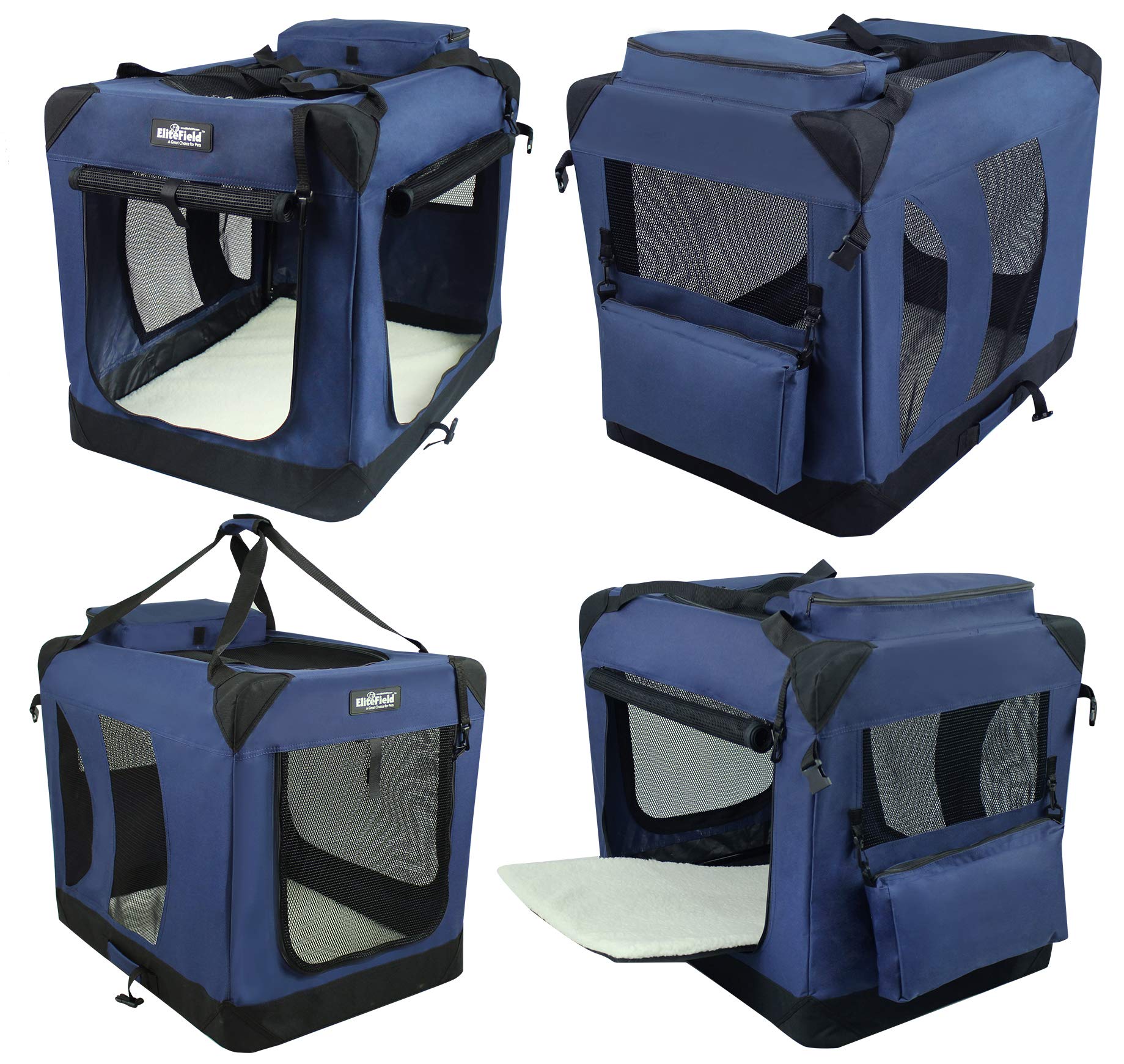 EliteField 3-Door Foldable Dog Crate with Bed - Portable Pet Home for Indoor & Outdoor Use