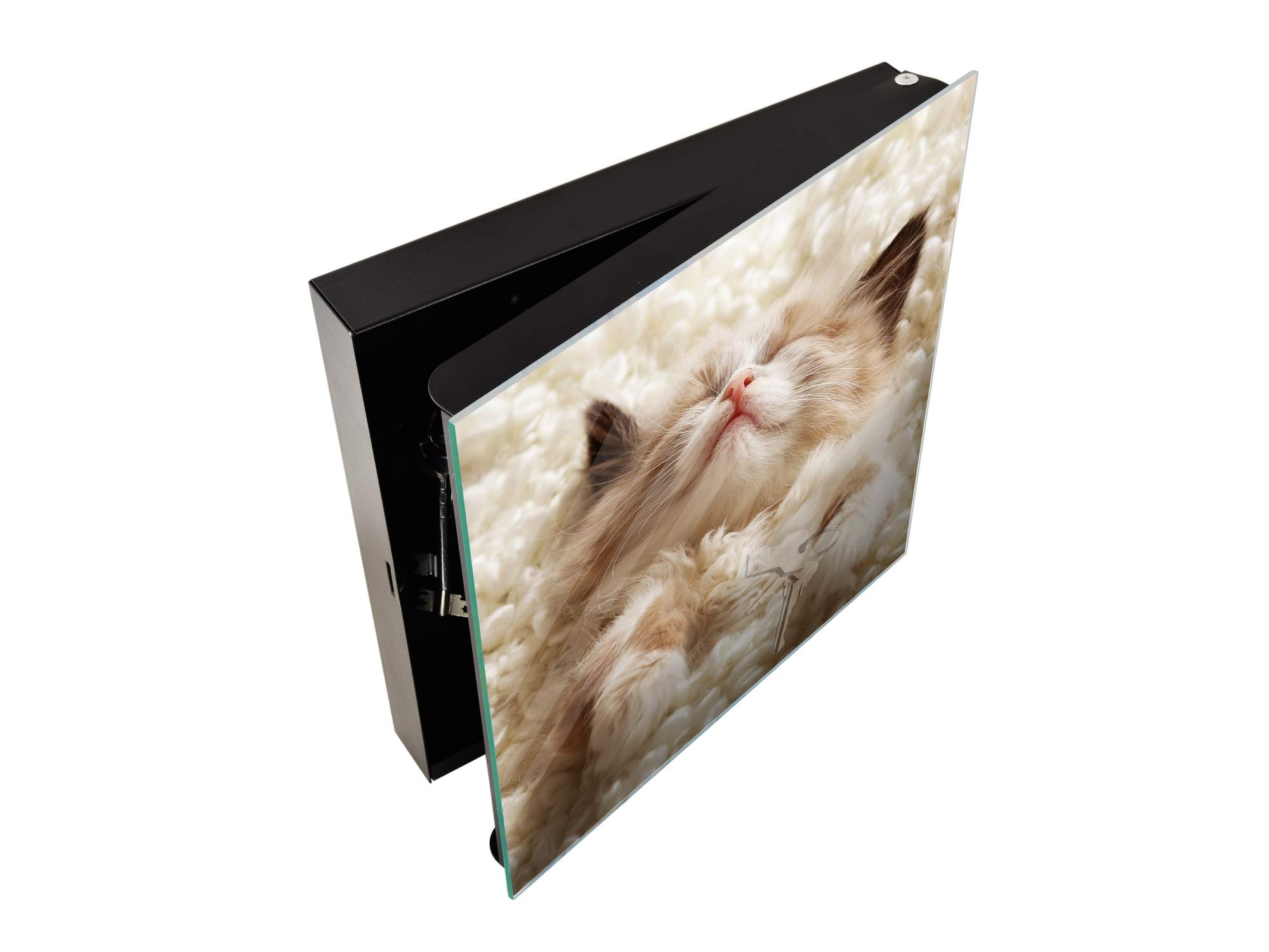 Decorative Key Storage Cabinet with Glass Whiteboard - K10A Little Kitten Sleeping Design | Wall-Mounted Organizer for Home, Office & Entryway | Perfect for Keys, Notes & Small Essentials