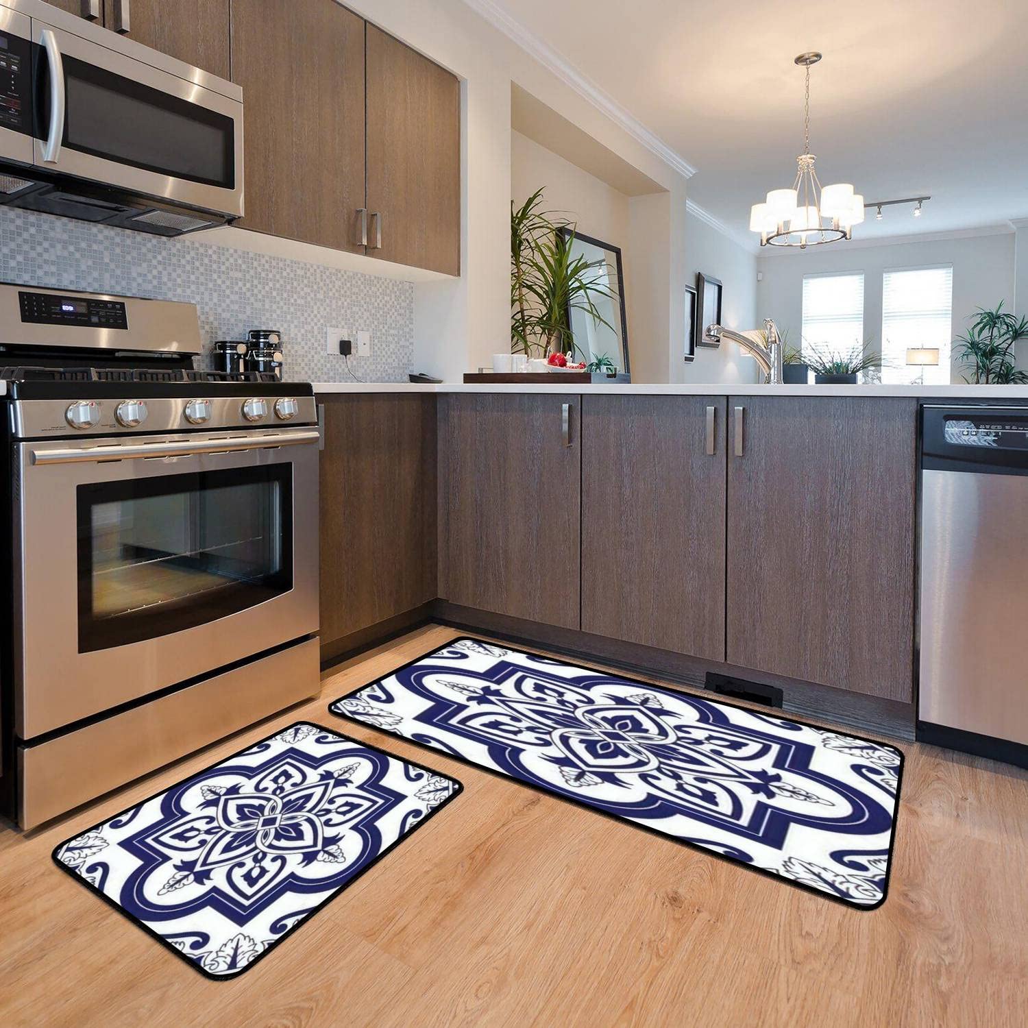 Delft Dutch Tile Kitchen Rugs Set - Non-Slip Washable Floor Mats for Kitchen & Bath Decor