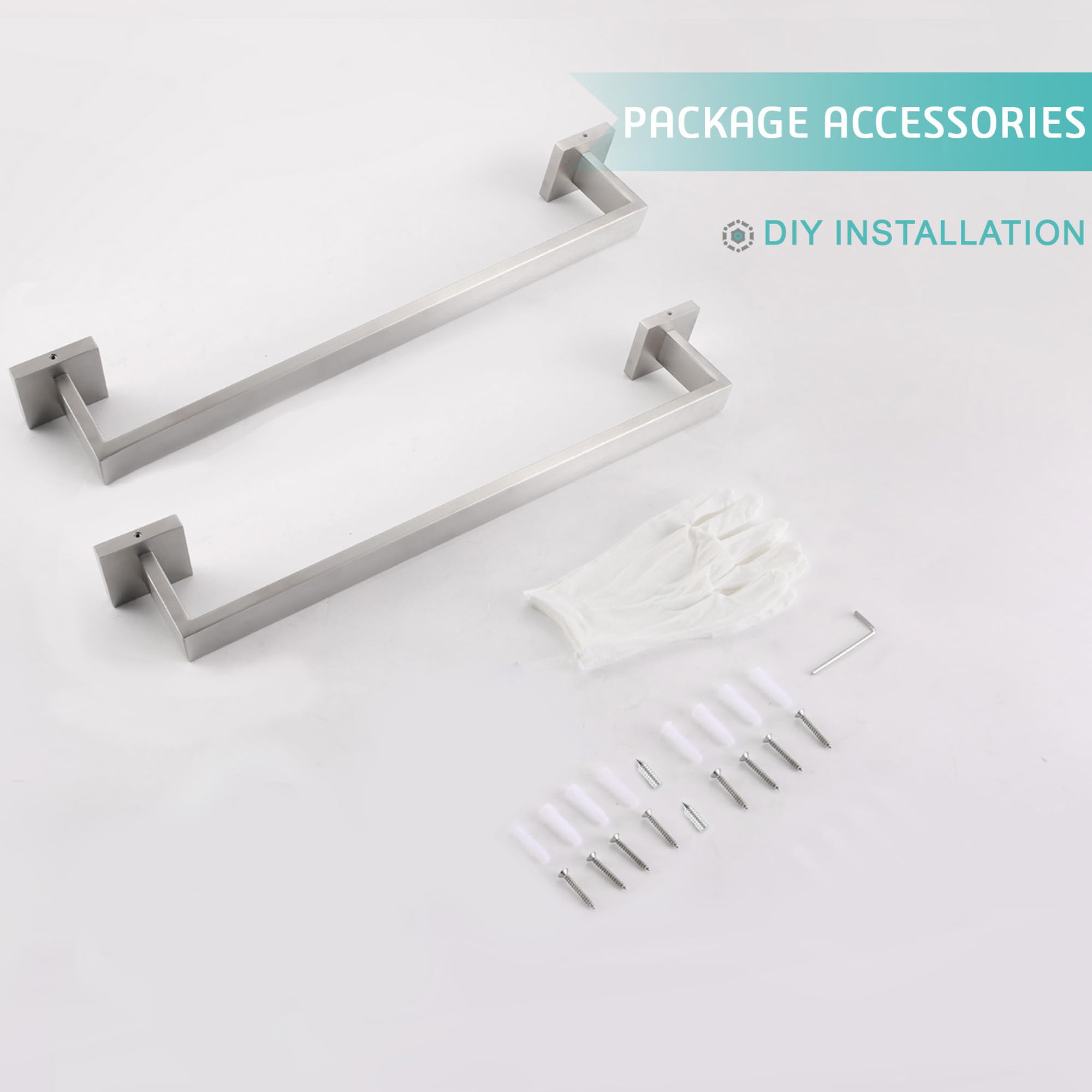 16 Inch Brushed Nickel Square Towel Bars - 2 Pack Stainless Steel Wall Mounted Bathroom & Kitchen Towel Racks for Hand/Shower Towels (A8804-4BN) - Perfect for Modern Bathrooms, Guest Rooms & Spa-Style Showers