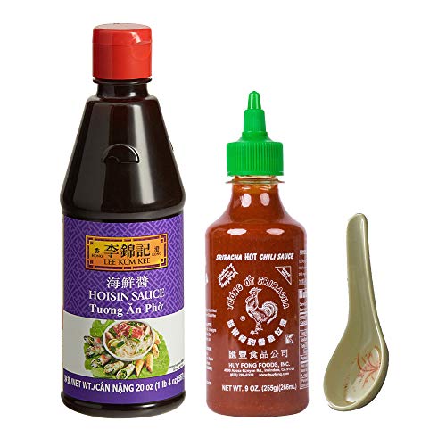 Lee Kum Kee Hoisin Sauce 20 oz | Sriracha Hot Chili Sauce 9 oz | Wonton Soup Spoon (1 Pack) - Perfect for Asian Cooking, Stir-Fry, Dipping & Soup Serving